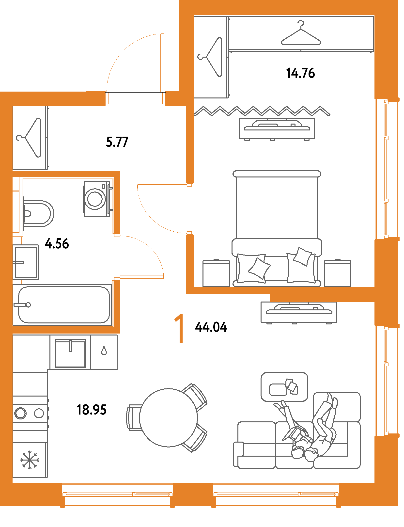 ЖК "Страна.Парковая"-1-комнатная 44.04 м²
