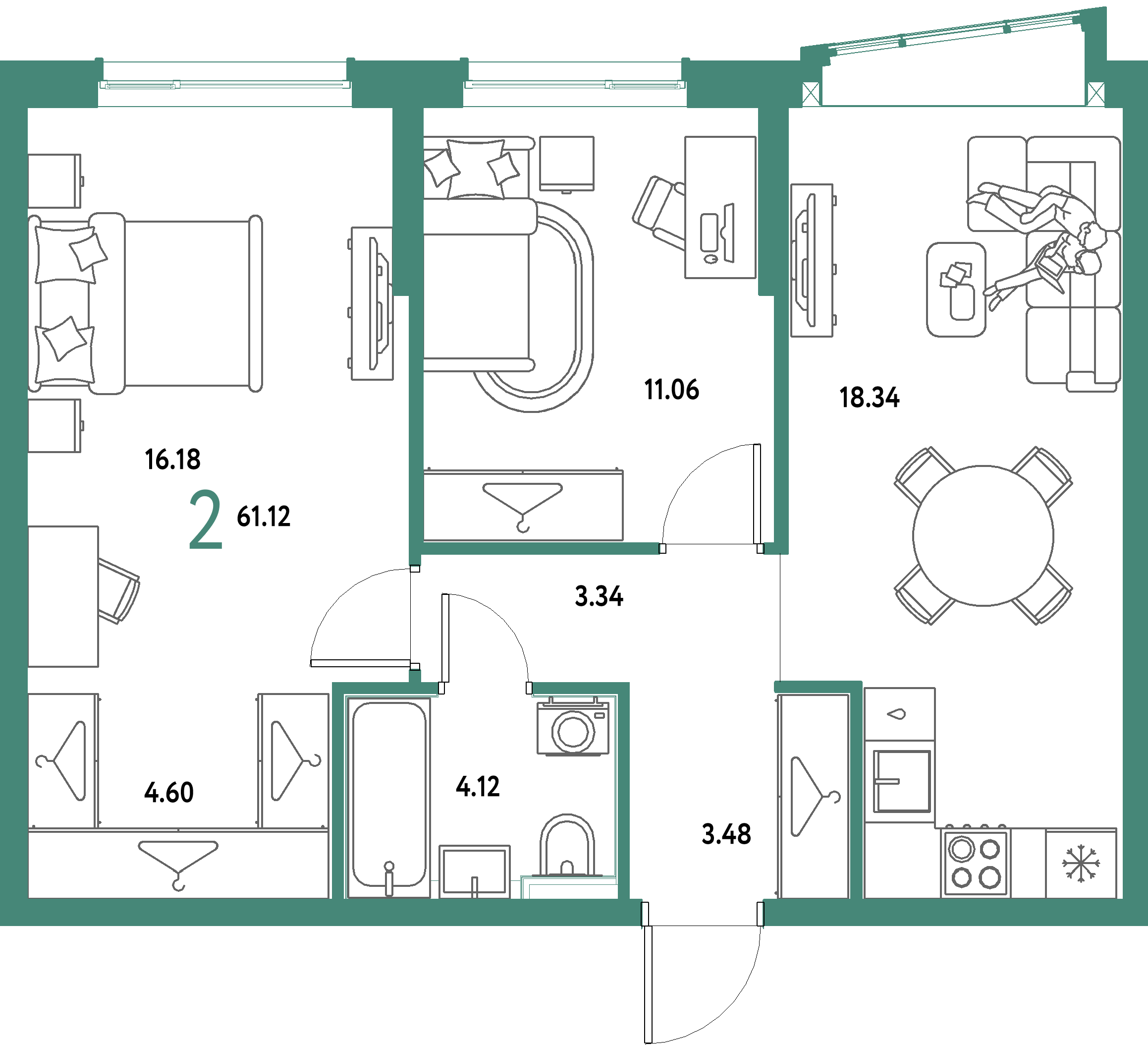ЖК "Страна.Парковая"-2-комнатная 61.12 м²