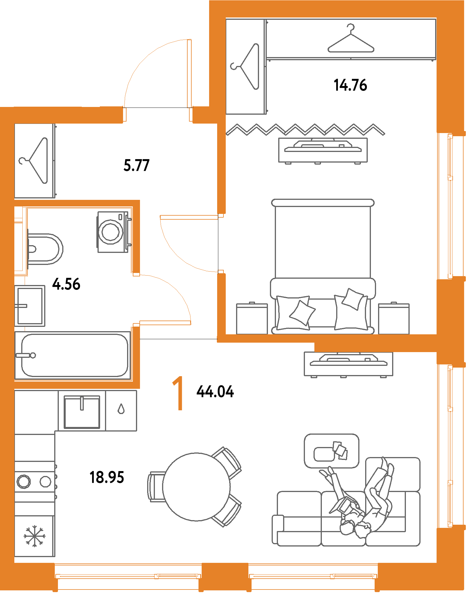 ЖК "Страна.Парковая"-1-комнатная 44.04 м²
