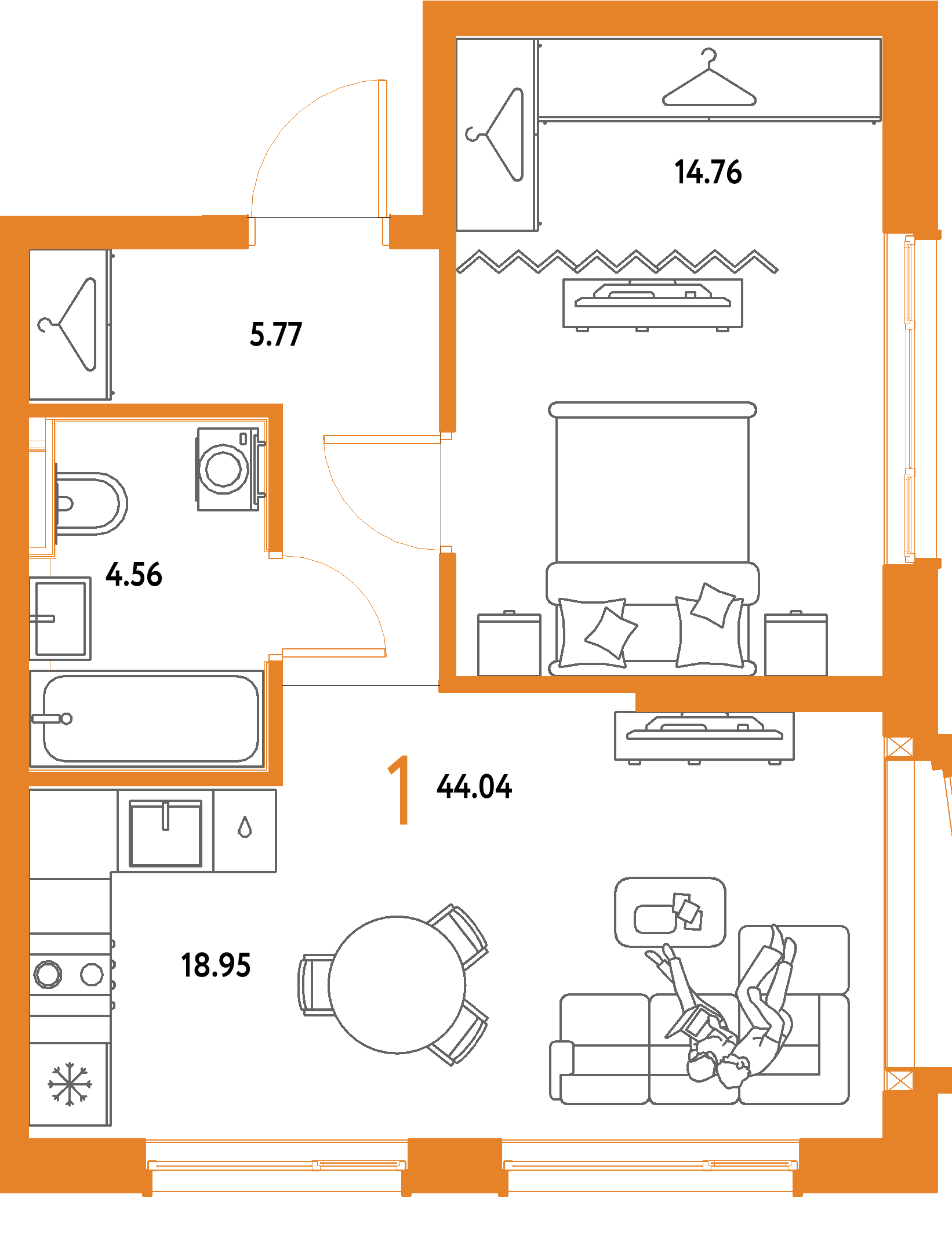ЖК "Страна.Парковая"-1-комнатная 44.04 м²