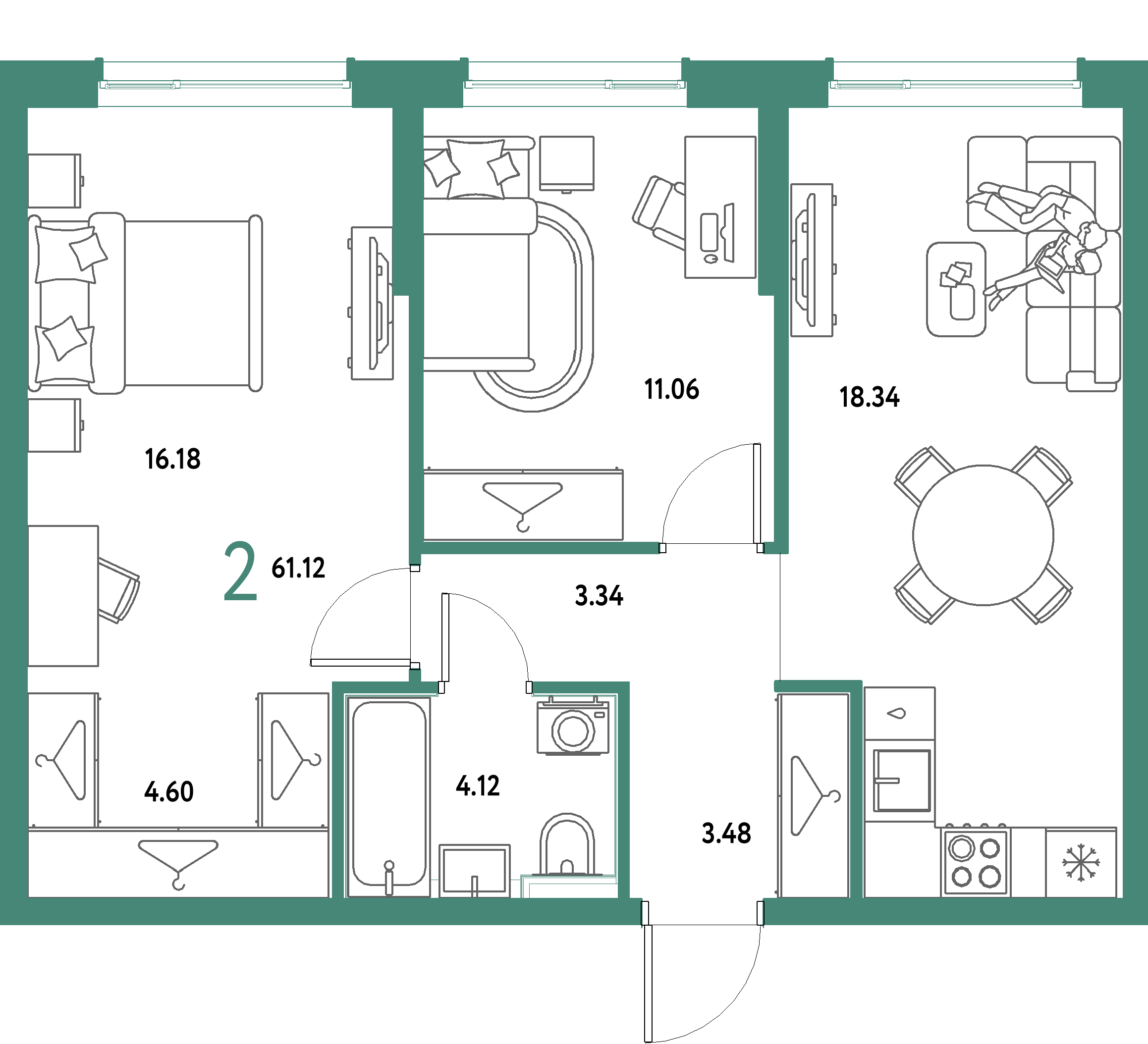 ЖК "Страна.Парковая"-2-комнатная 61.12 м²