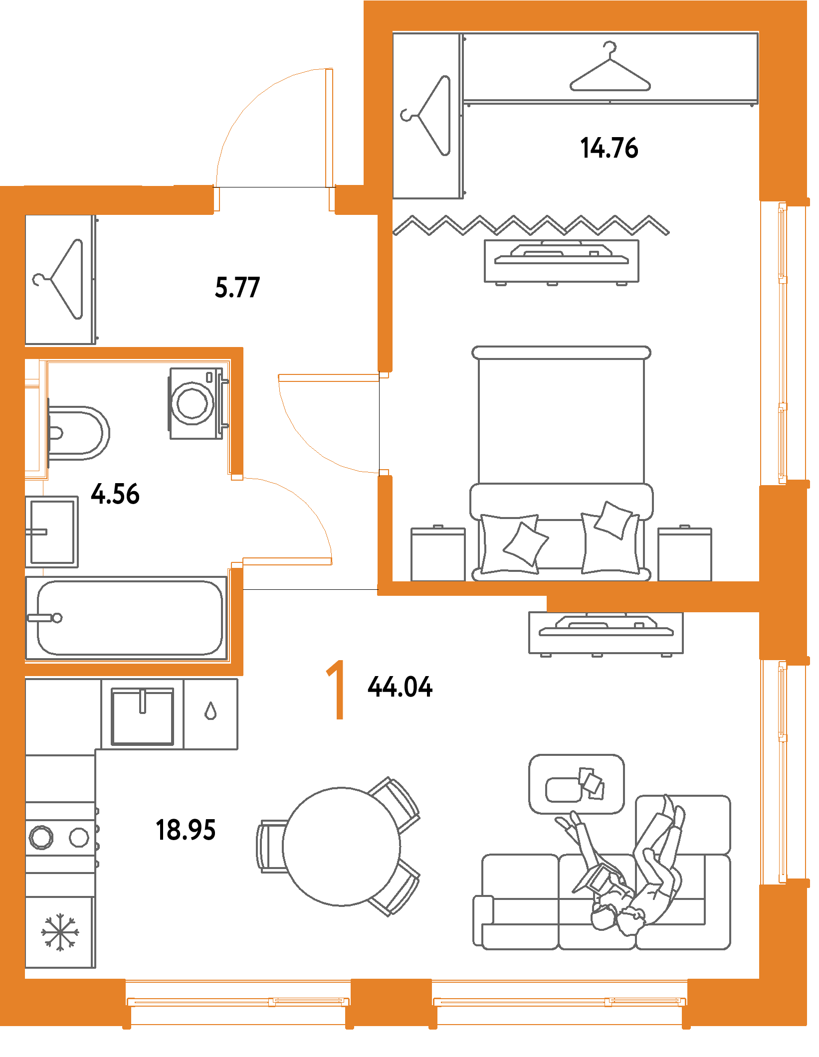 ЖК "Страна.Парковая"-1-комнатная 44.04 м²