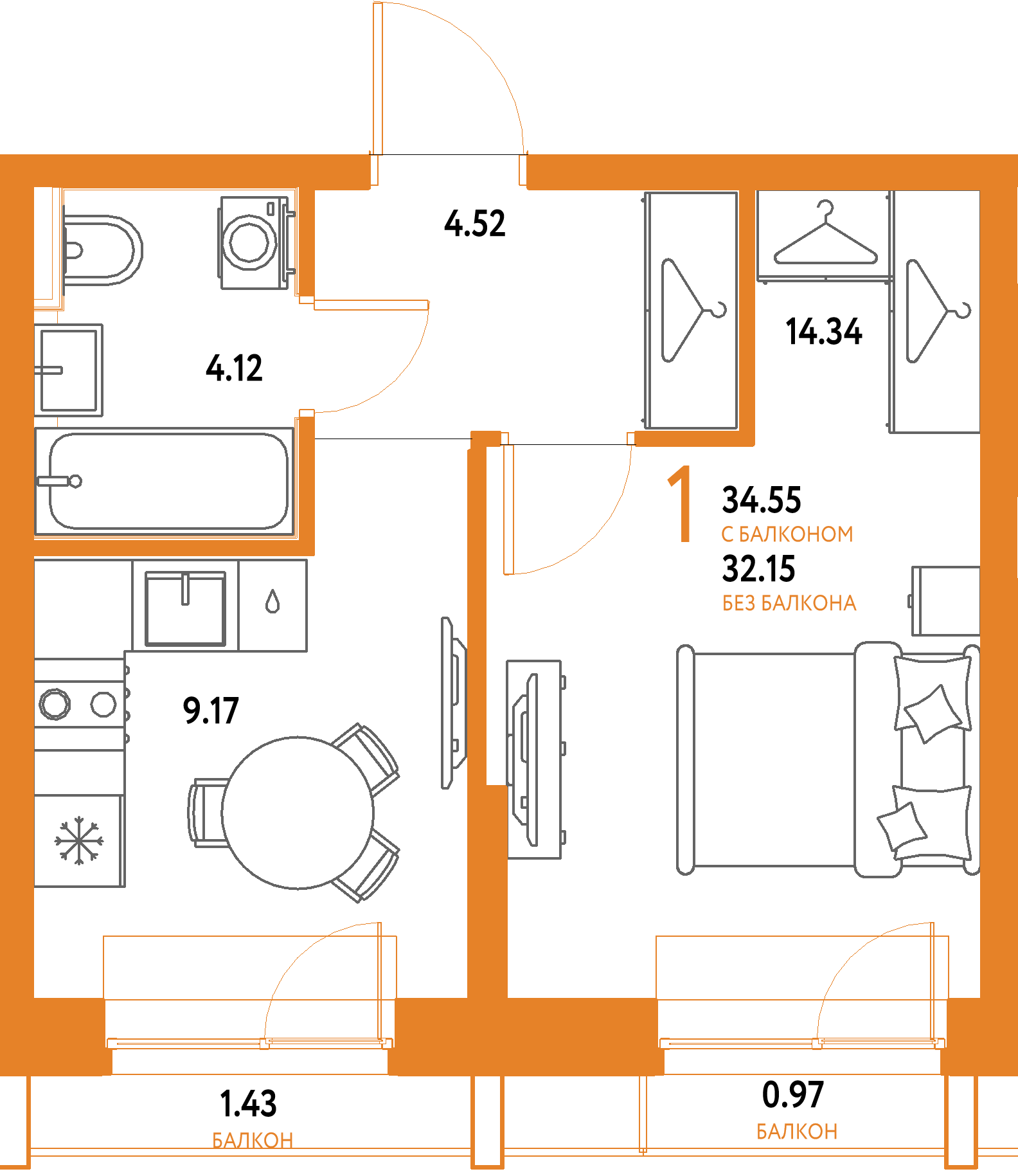 ЖК "Страна.Парковая"-1-комнатная 34.55 м²