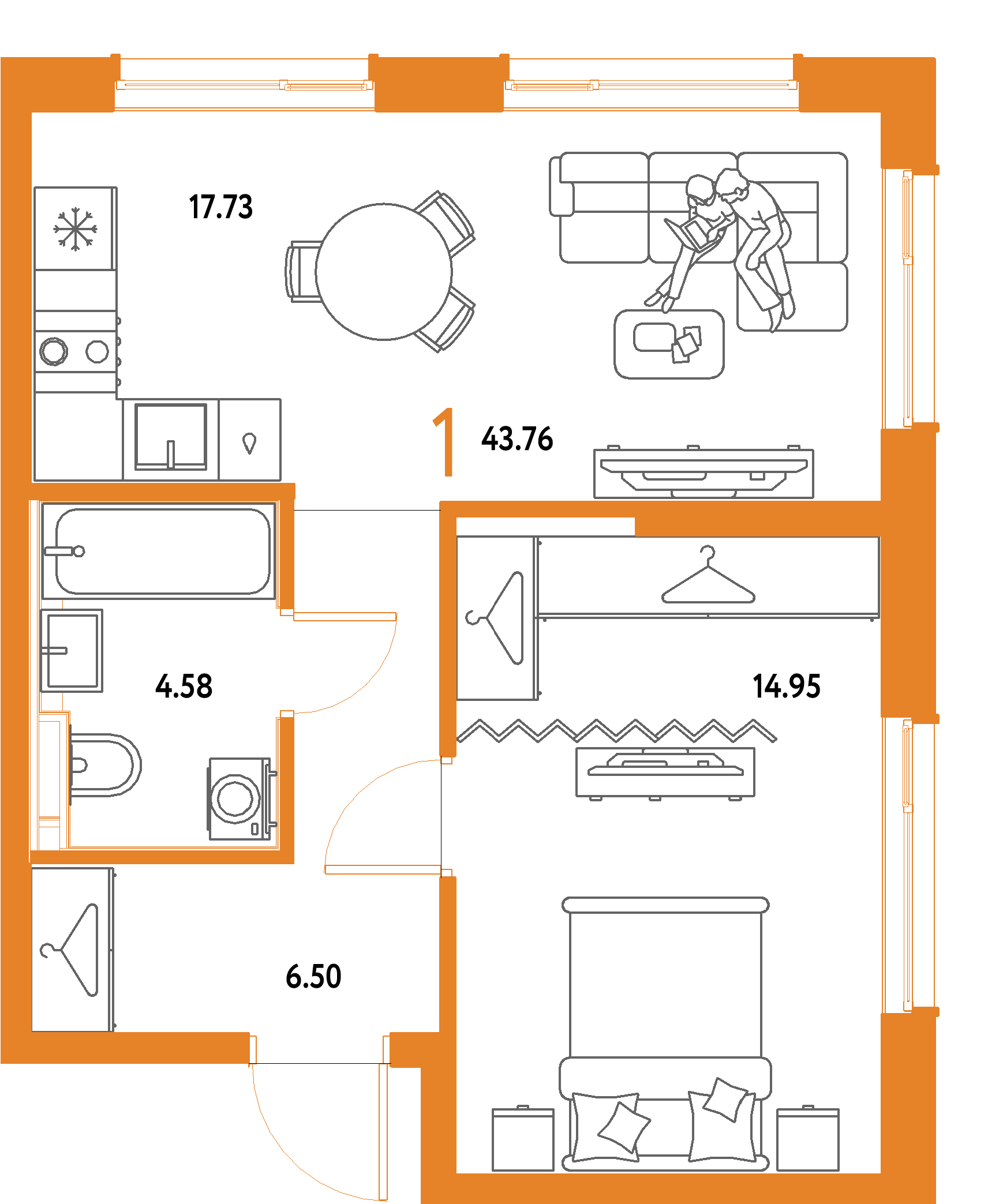 ЖК "Страна.Парковая"-1-комнатная 43.76 м²