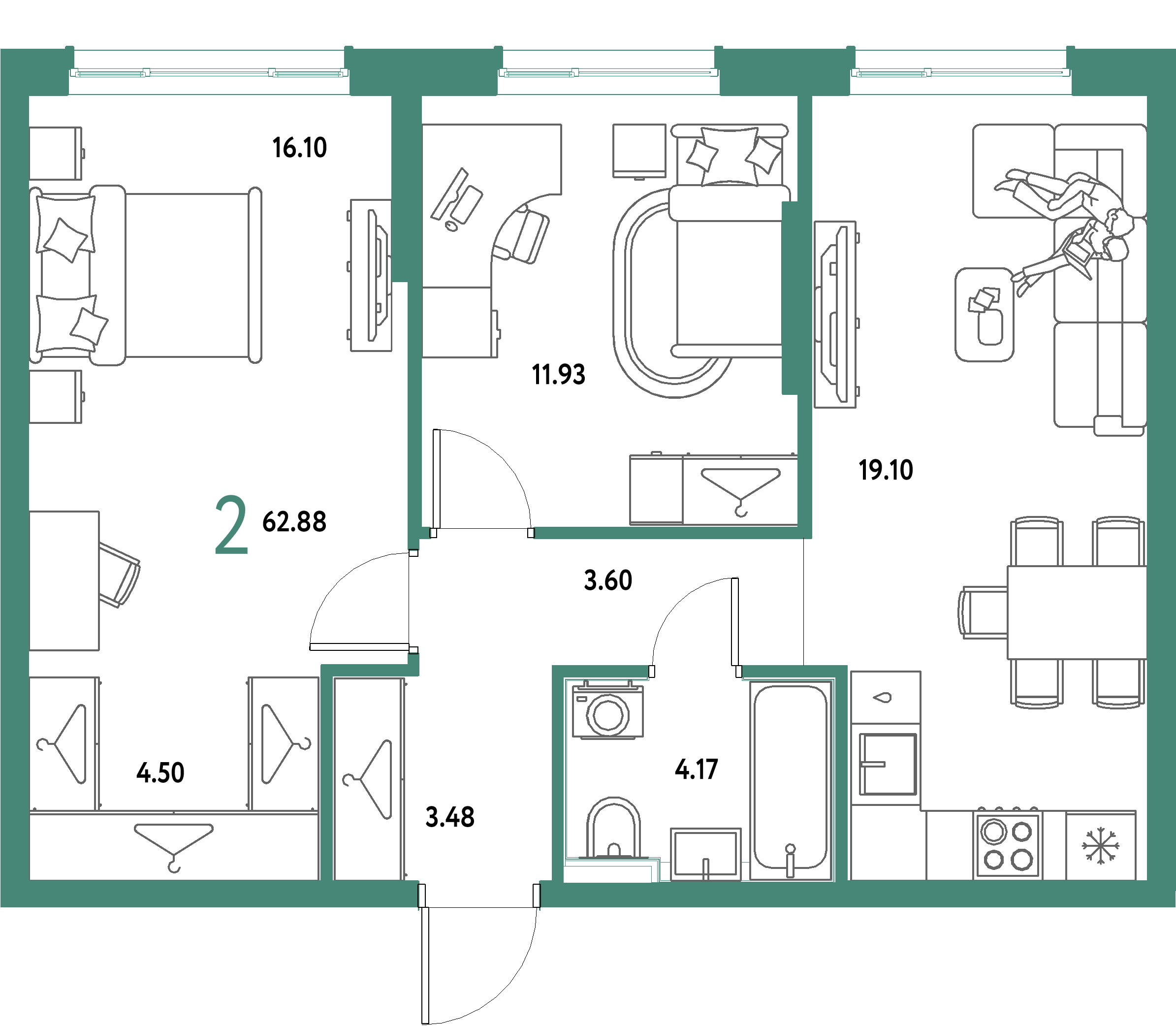 ЖК "Страна.Парковая"-2-комнатная 62.88 м²