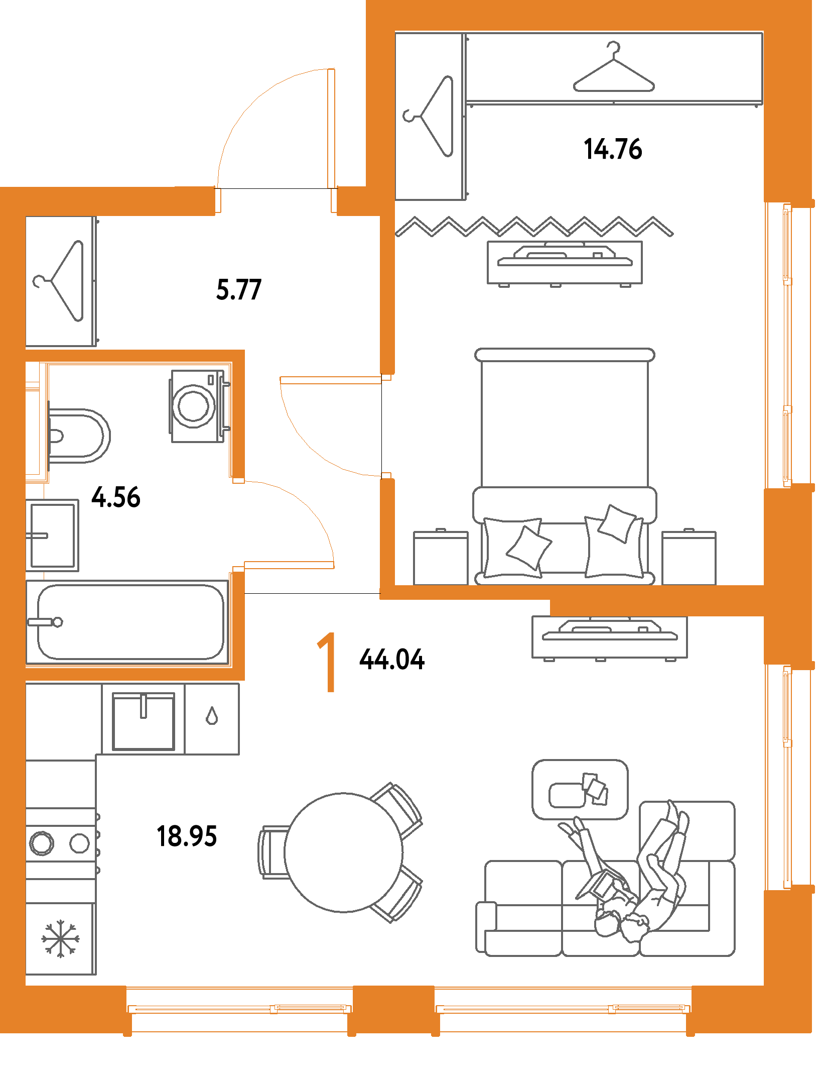 ЖК "Страна.Парковая"-1-комнатная 44.04 м²