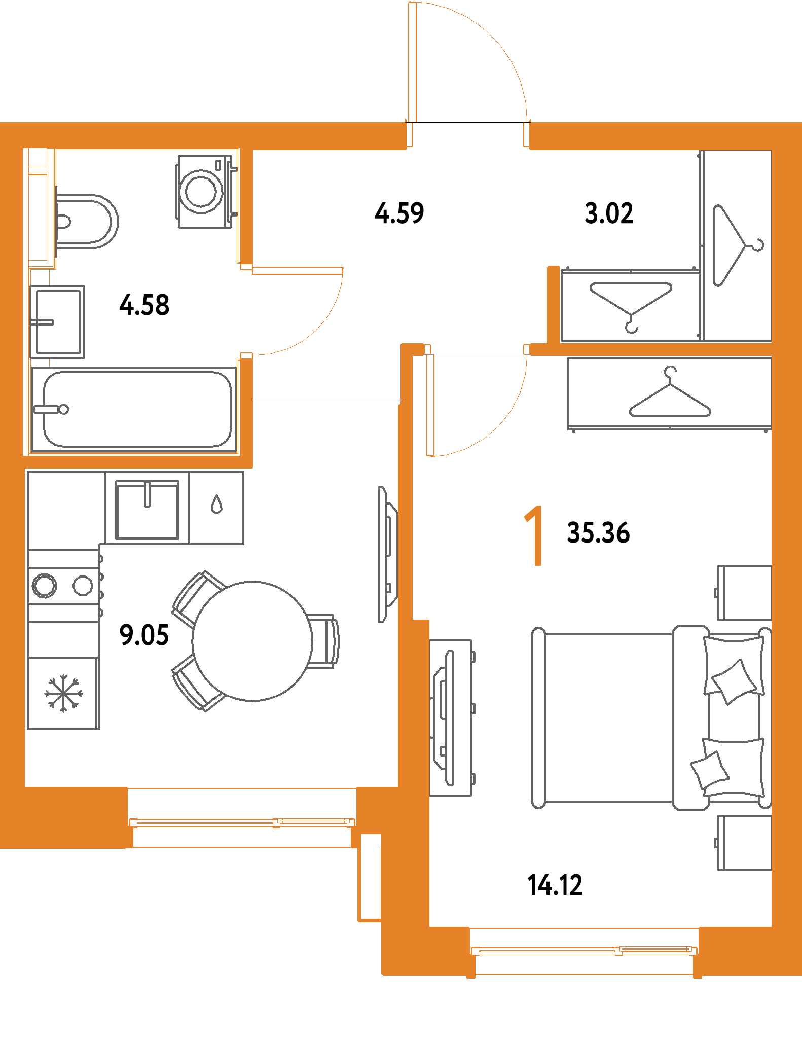 ЖК "Страна.Парковая"-1-комнатная 35.36 м²