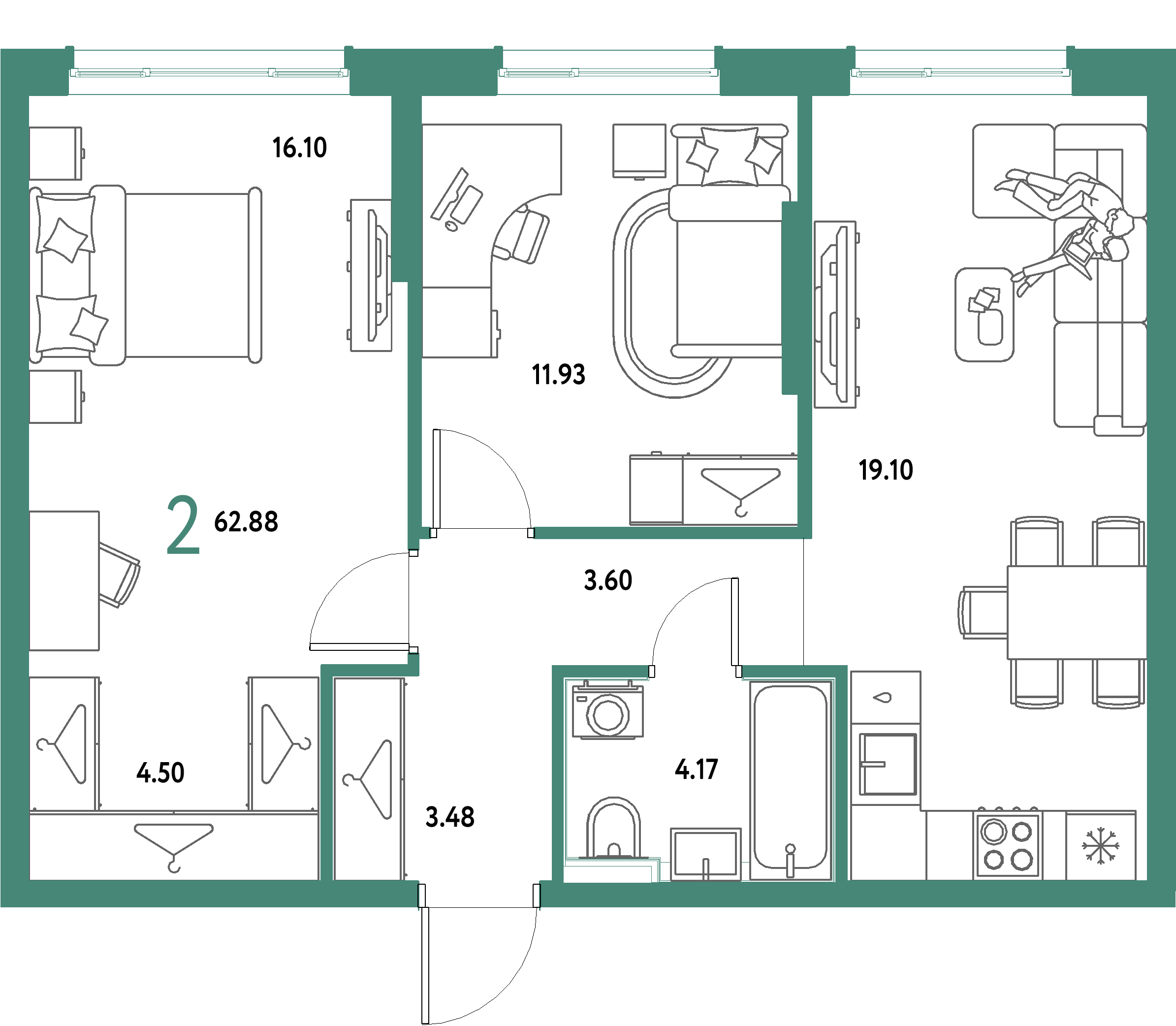 ЖК "Страна.Парковая"-2-комнатная 62.88 м²
