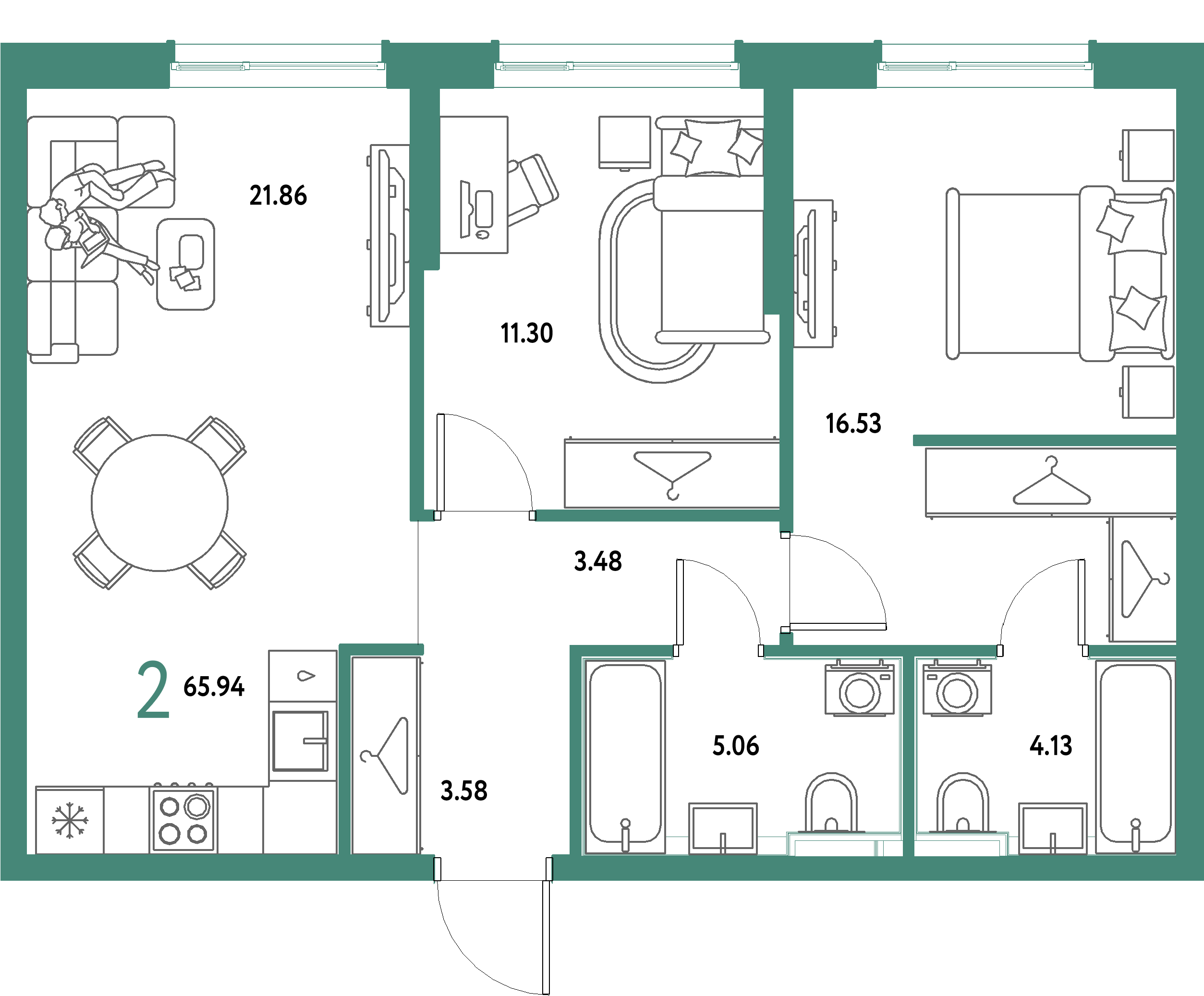 ЖК "Страна.Парковая"-2-комнатная 65.94 м²