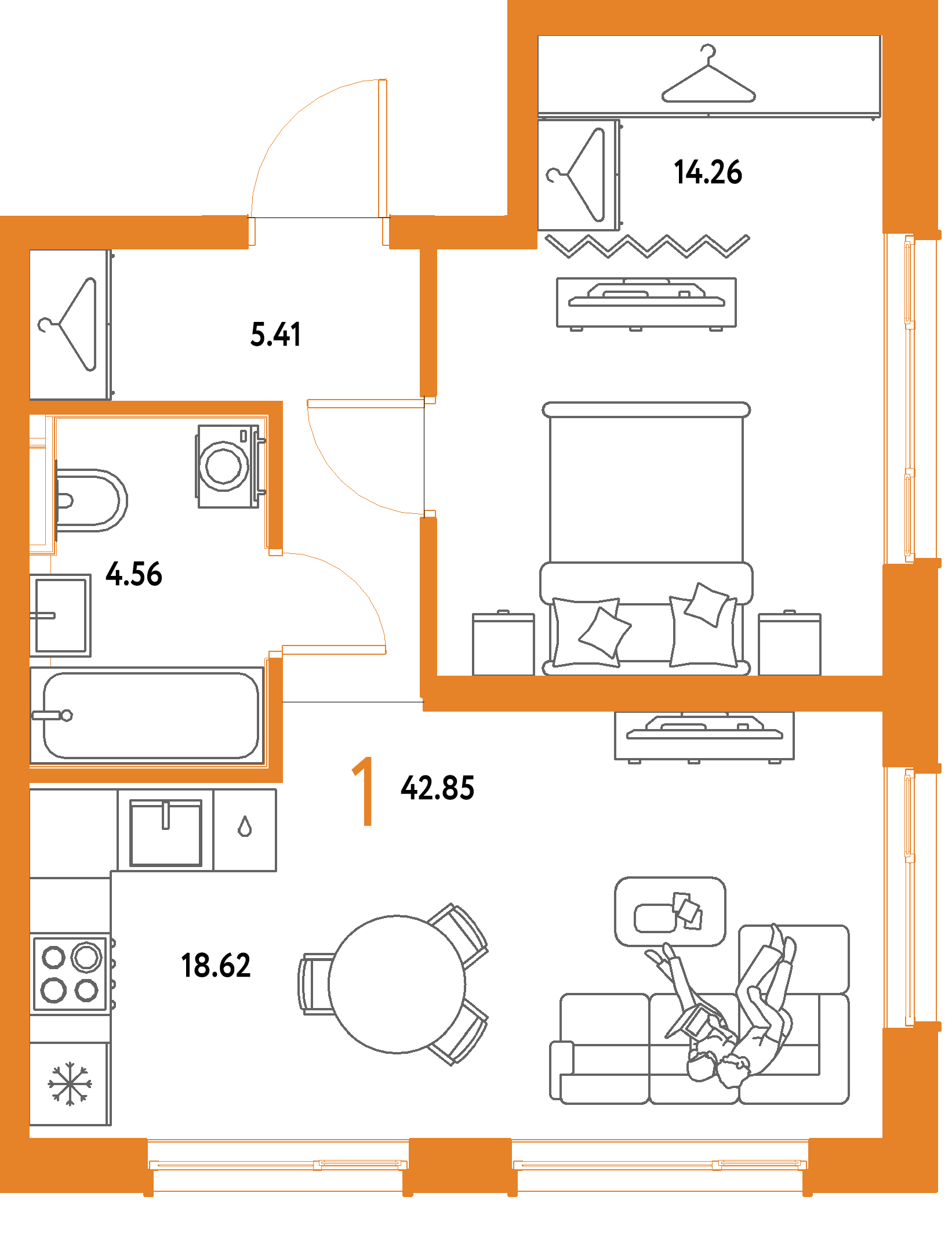 ЖК "Страна.Парковая"-1-комнатная 42.85 м²