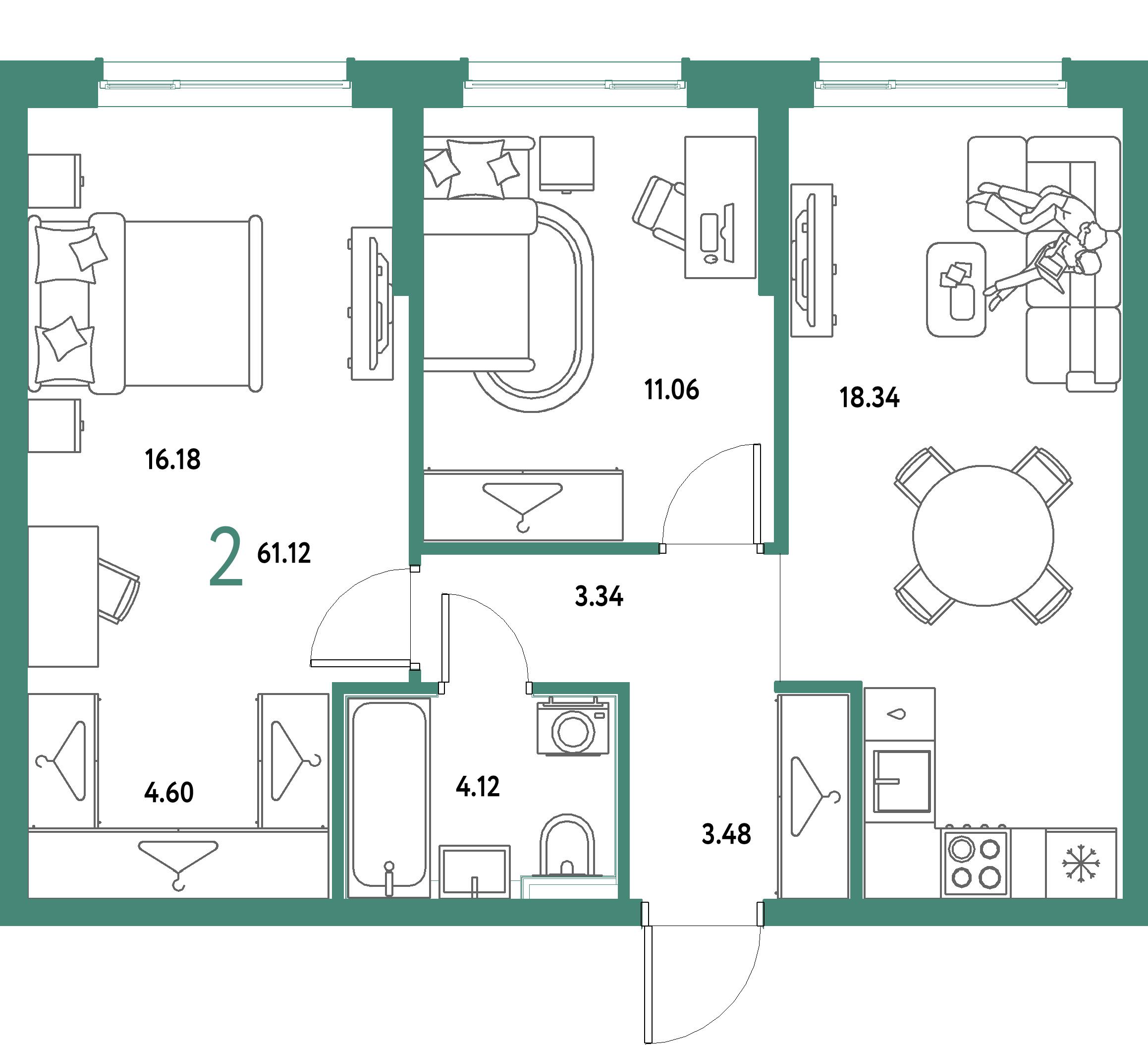 ЖК "Страна.Парковая"-2-комнатная 61.12 м²