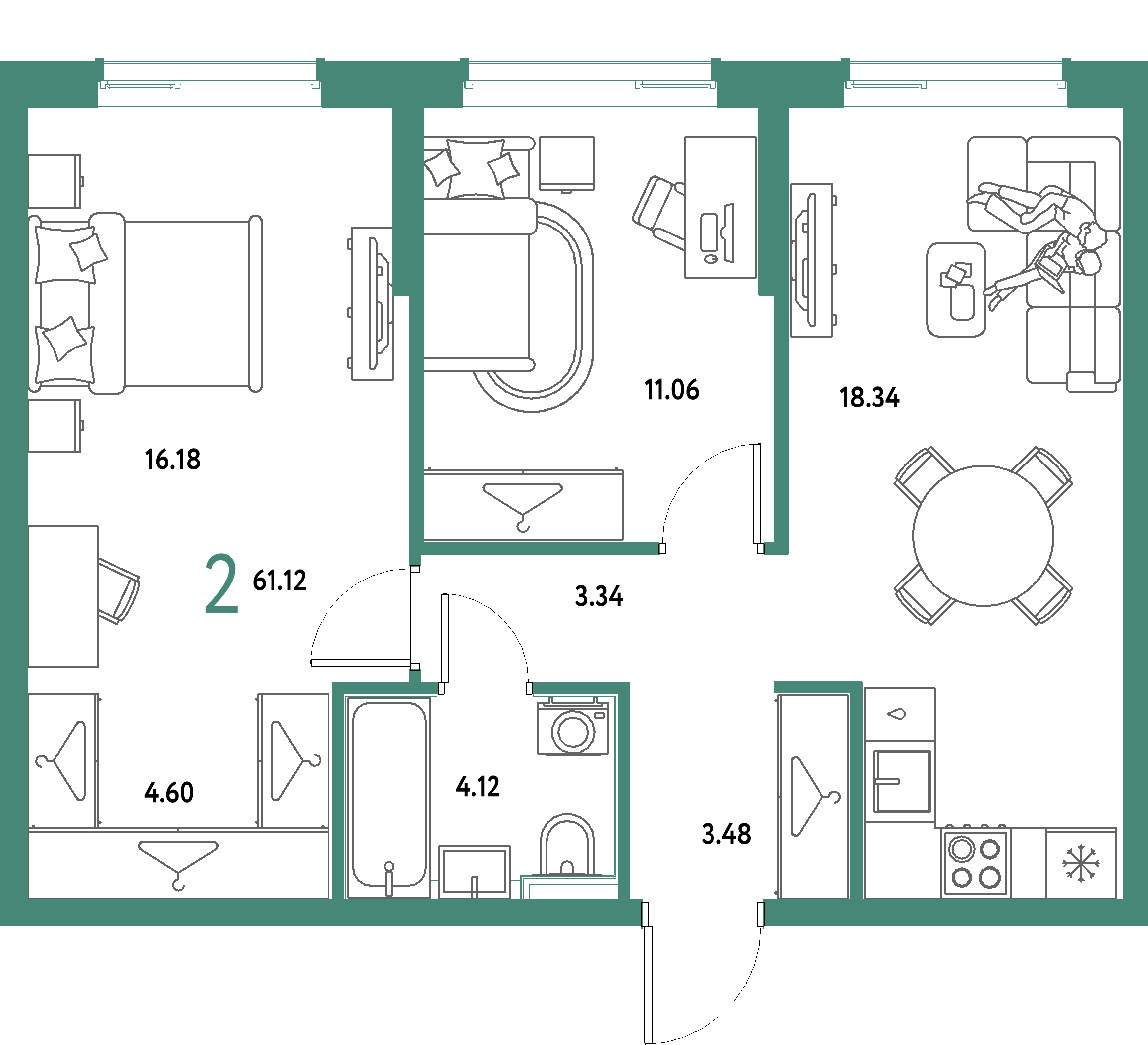ЖК "Страна.Парковая"-2-комнатная 61.12 м²