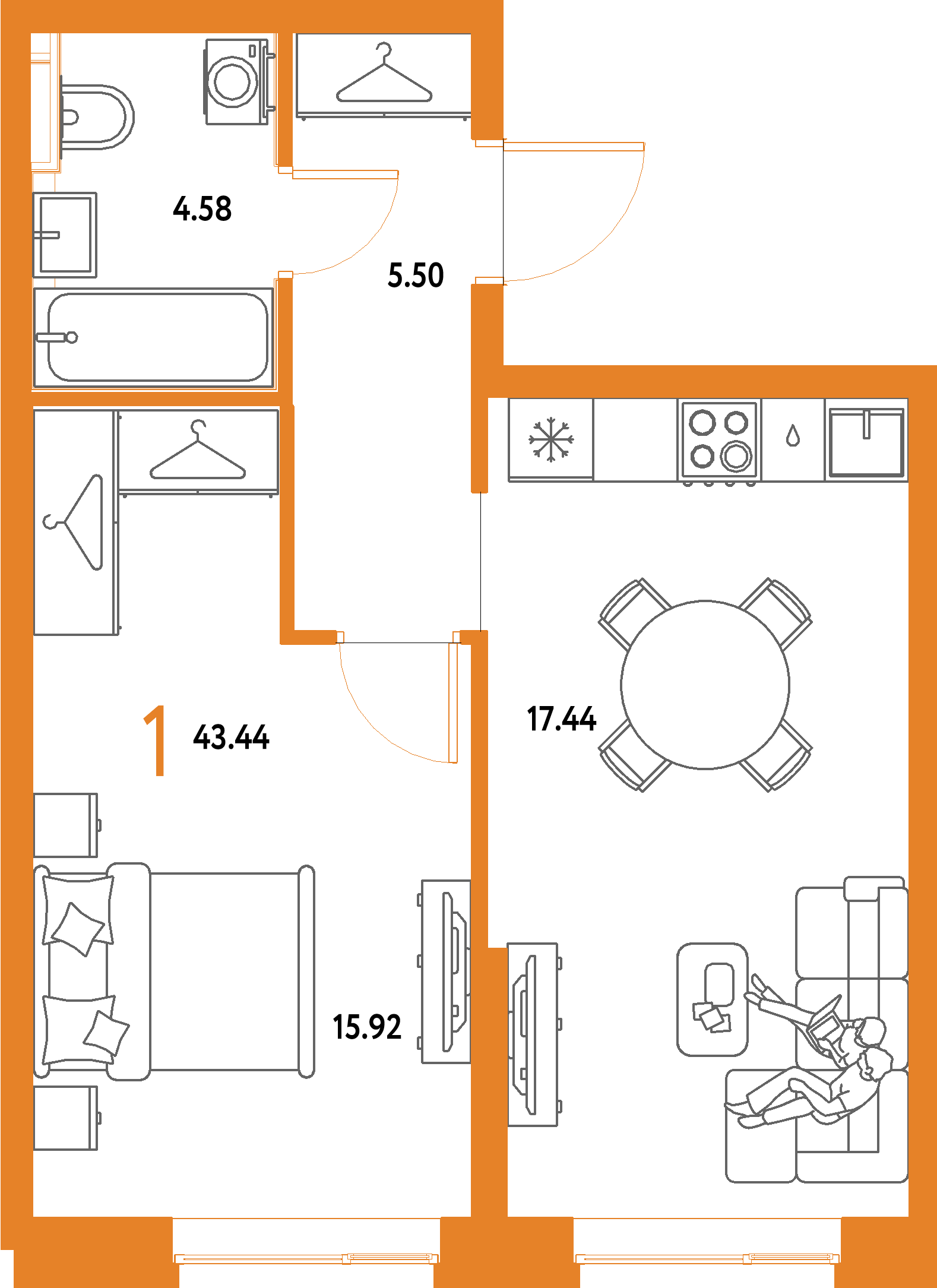 ЖК "Страна.Парковая"-1-комнатная 43.44 м²