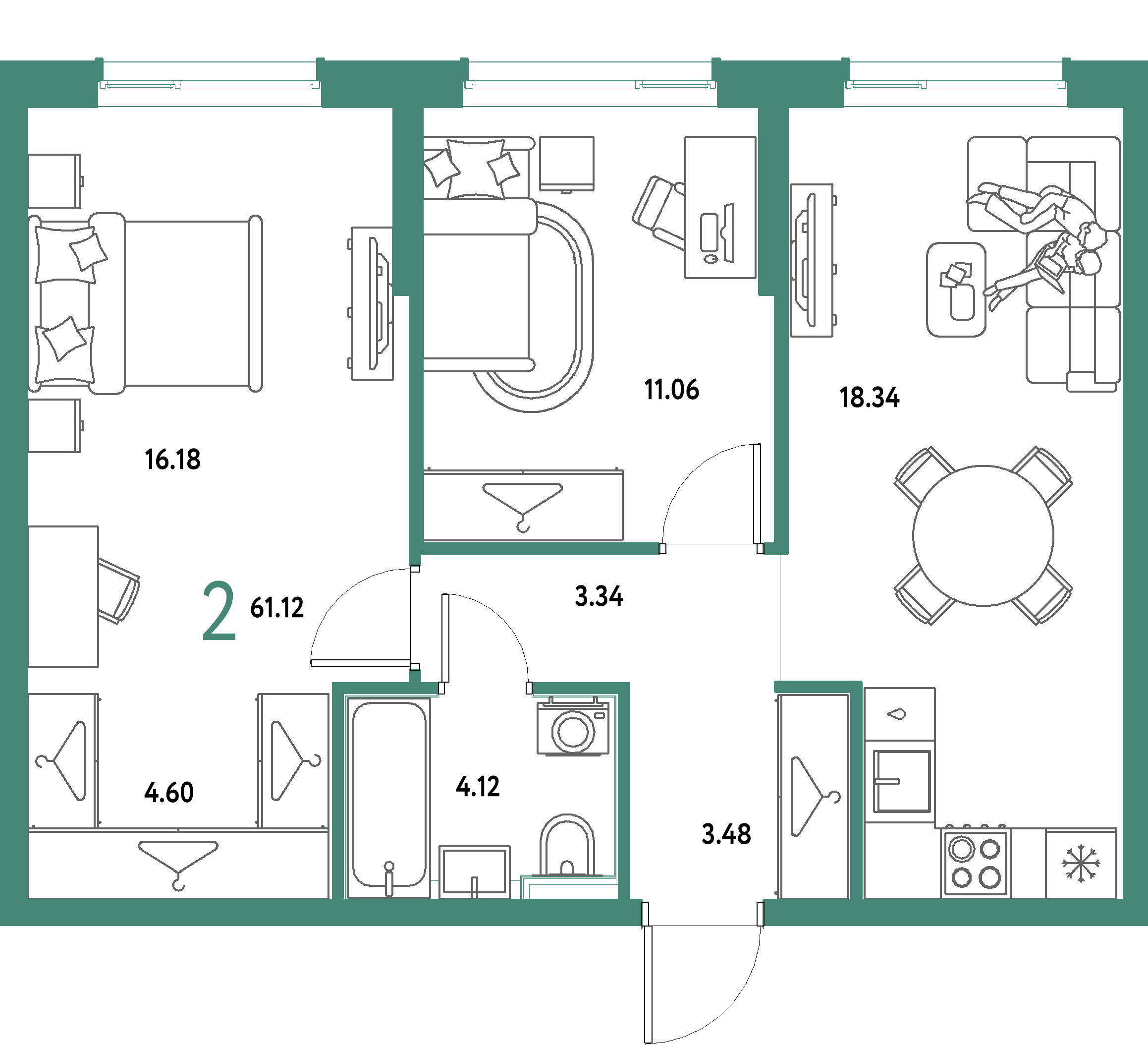 ЖК "Страна.Парковая"-2-комнатная 61.12 м²