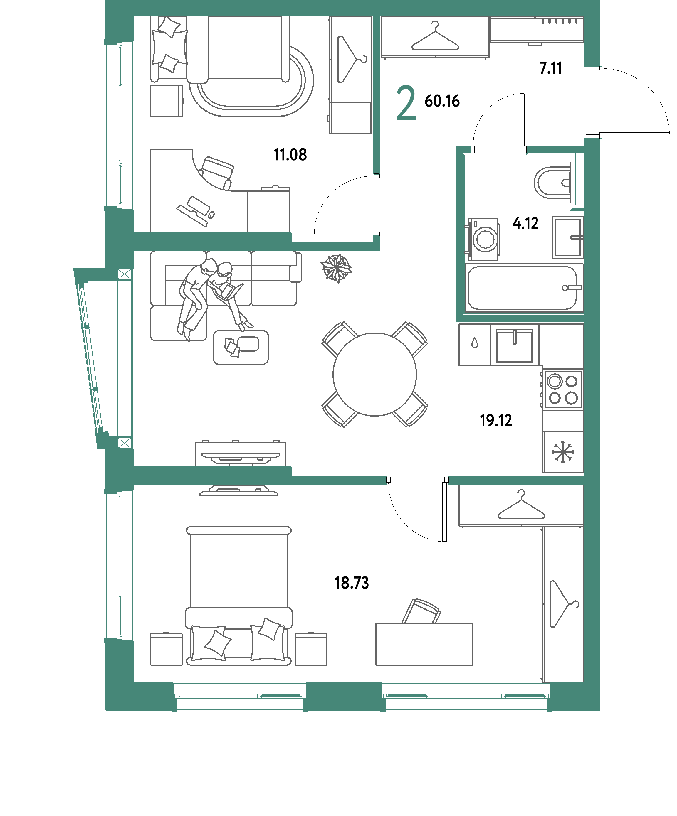 ЖК "Страна.Парковая"-2-комнатная 60.16 м²