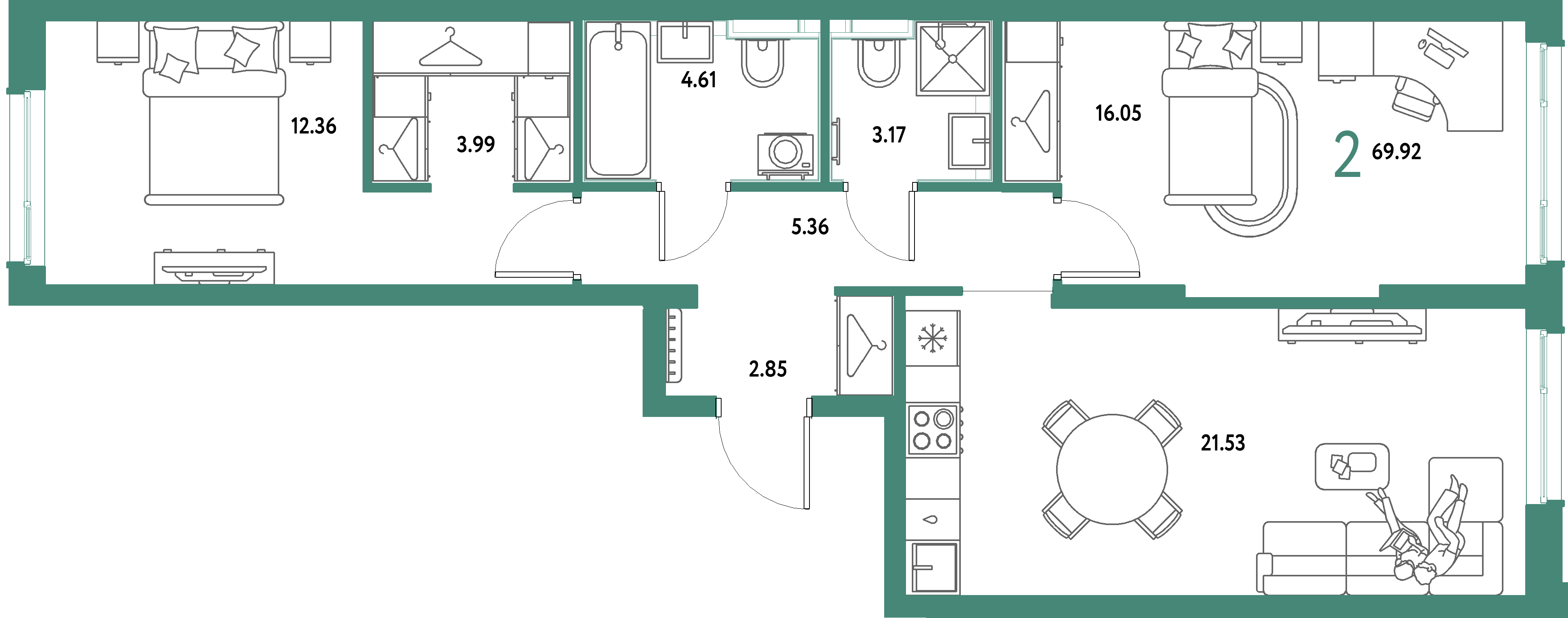ЖК "Страна.Парковая"-2-комнатная 69.92 м²