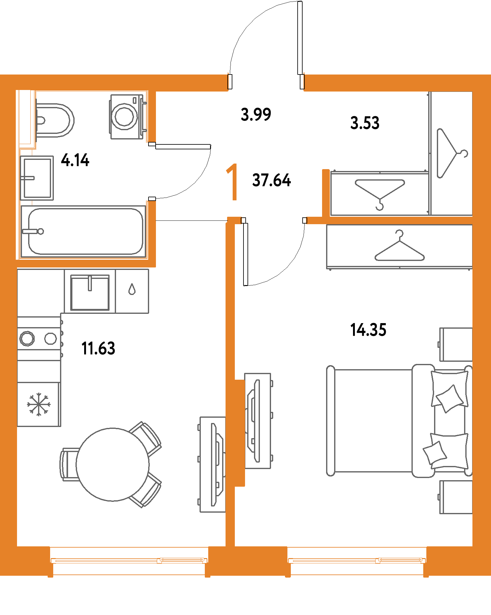 ЖК "Страна.Парковая"-1-комнатная 37.64 м²