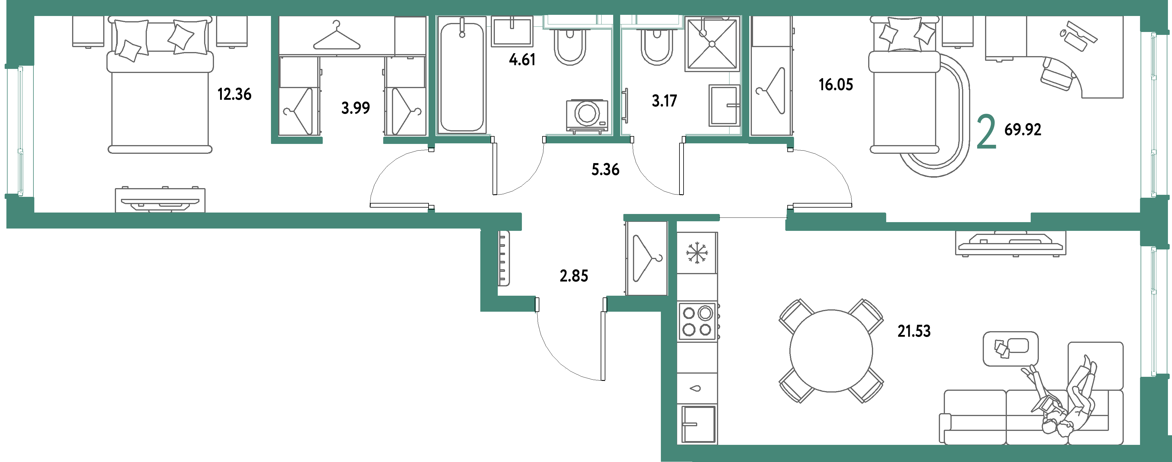 ЖК "Страна.Парковая"-2-комнатная 69.92 м²