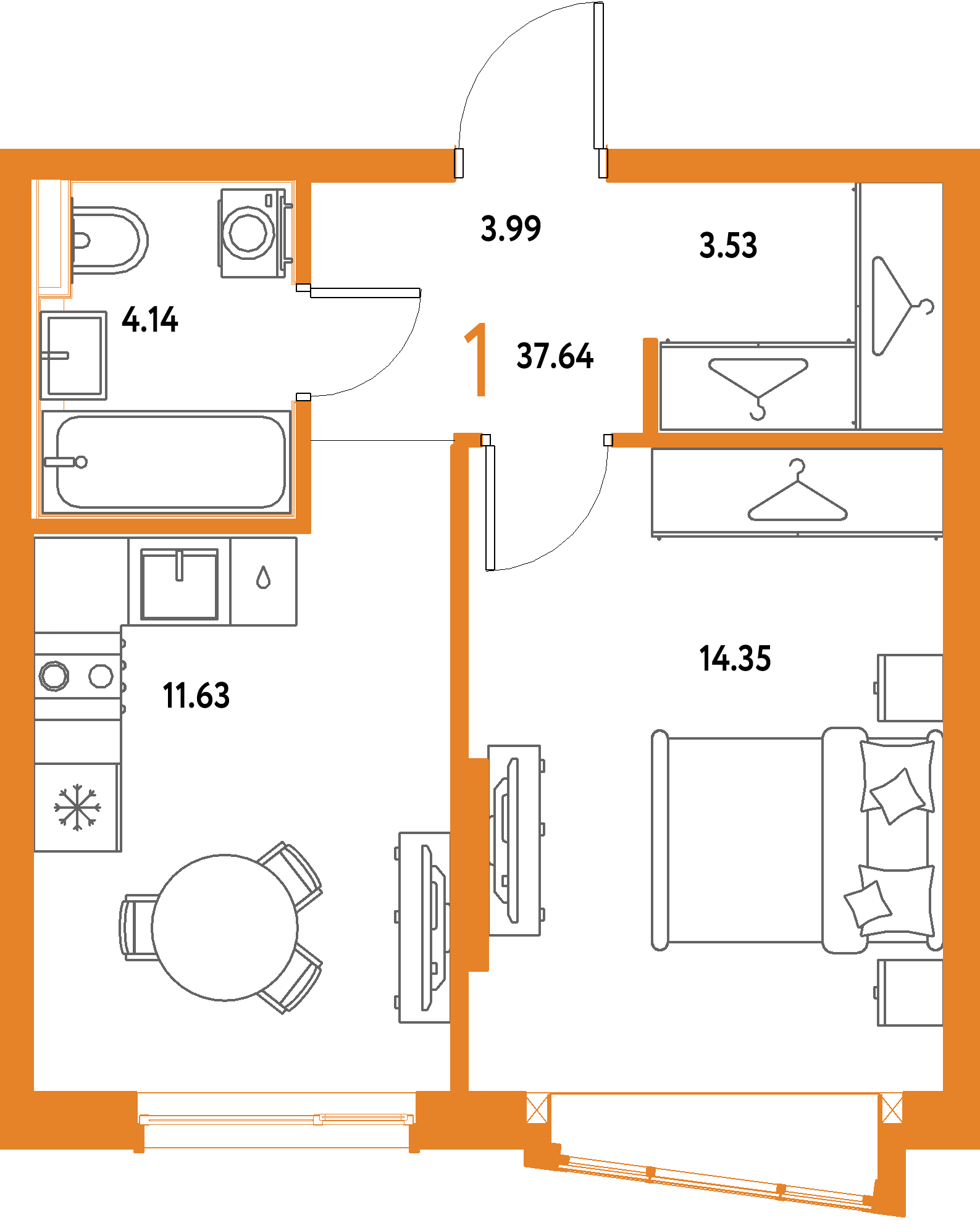 ЖК "Страна.Парковая"-1-комнатная 37.64 м²