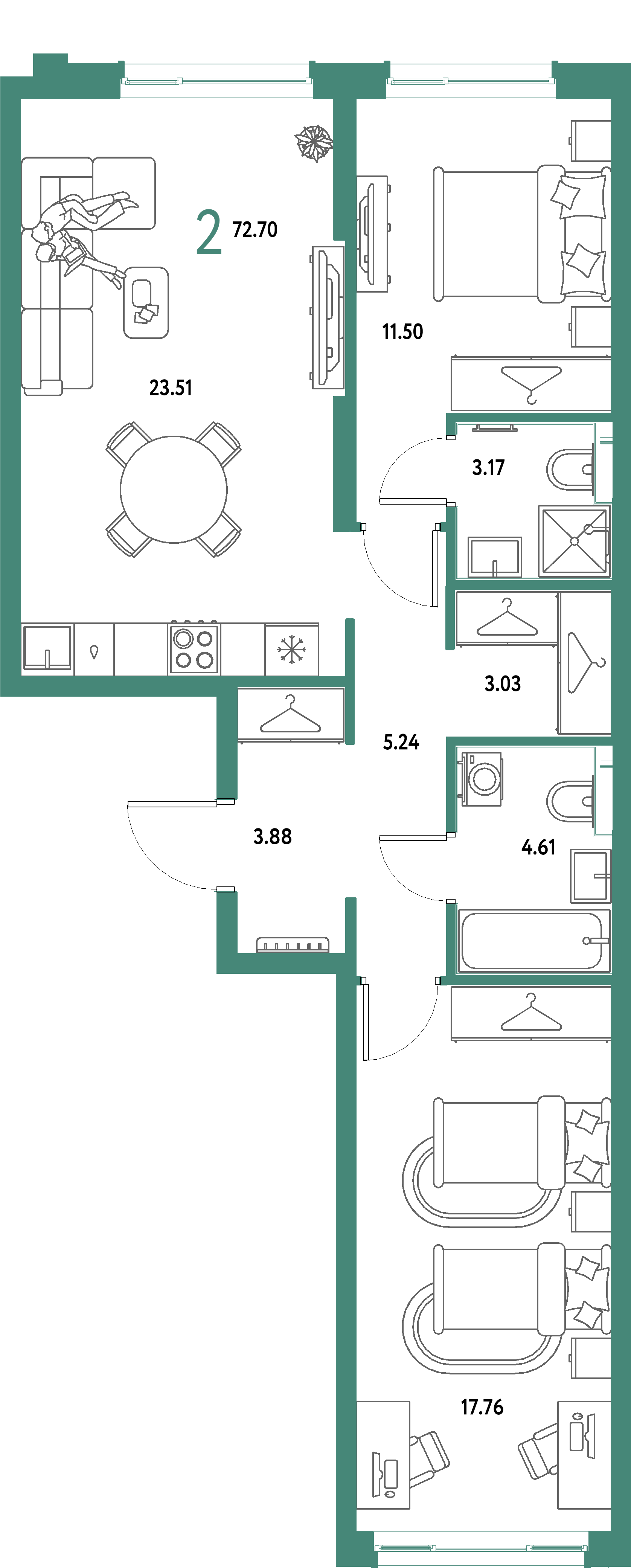 ЖК "Страна.Парковая"-2-комнатная 72.7 м²