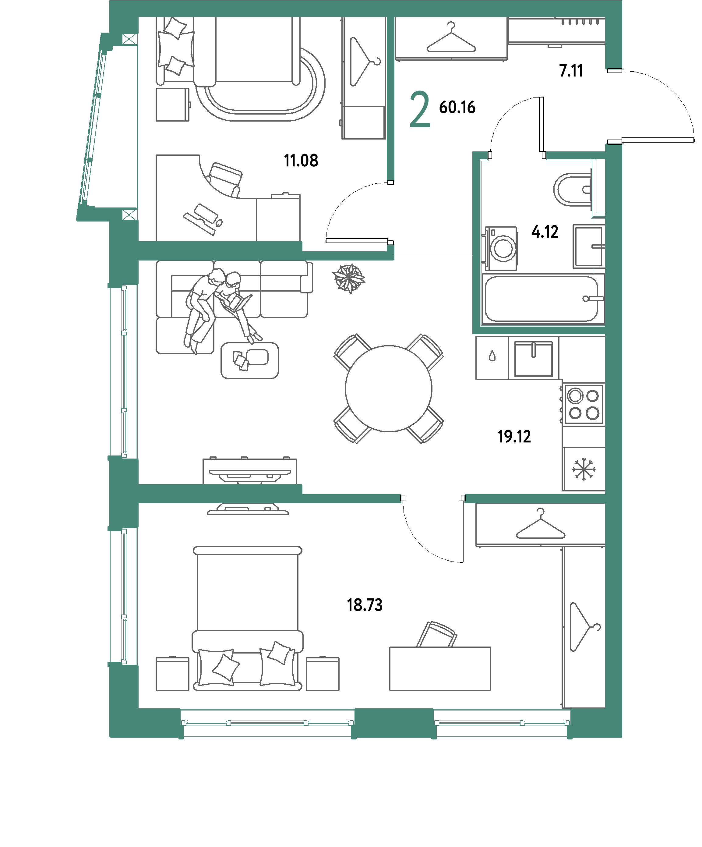 ЖК "Страна.Парковая"-2-комнатная 60.16 м²