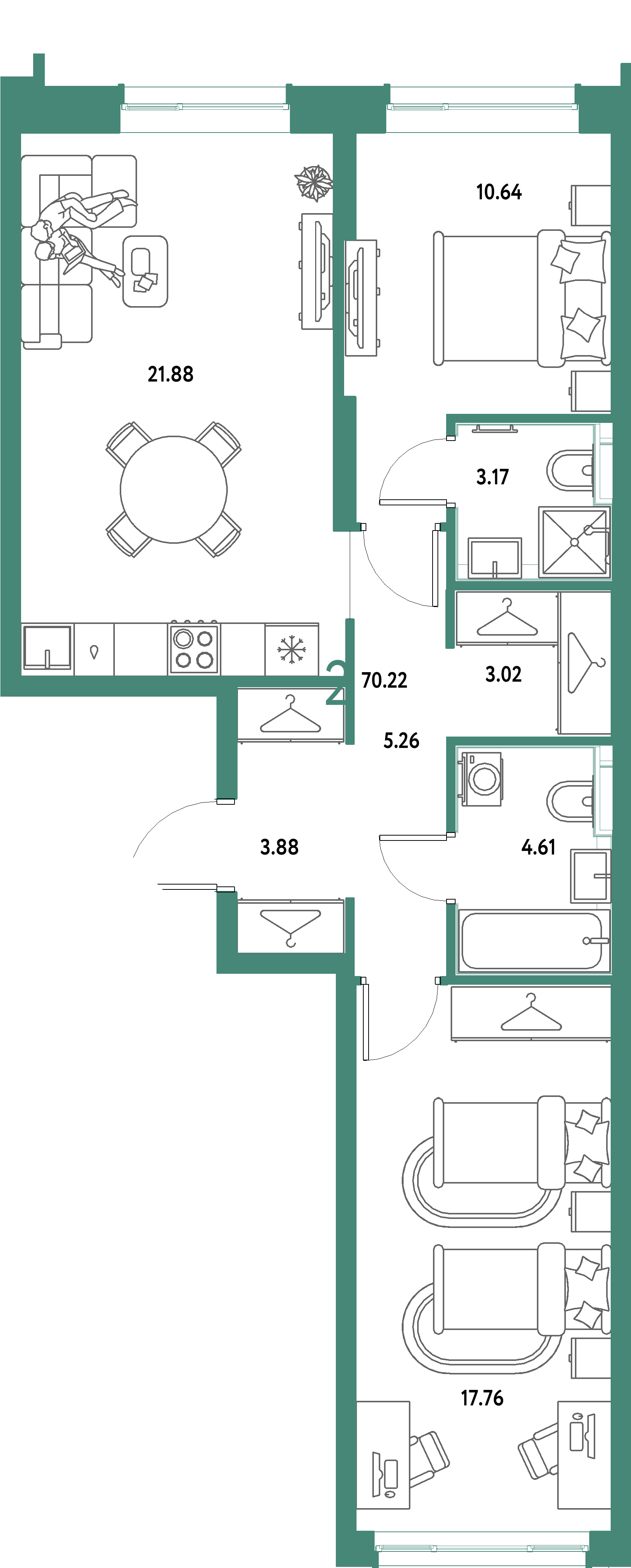 ЖК "Страна.Парковая"-2-комнатная 70.22 м²