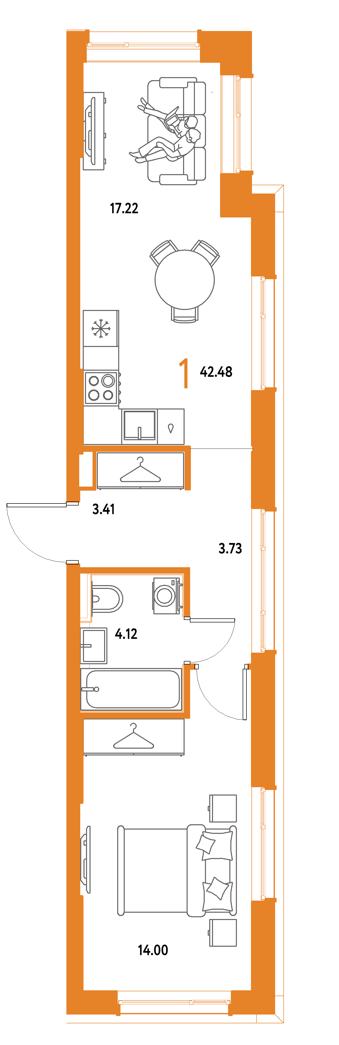 ЖК "Страна.Парковая"-1-комнатная 42.48 м²