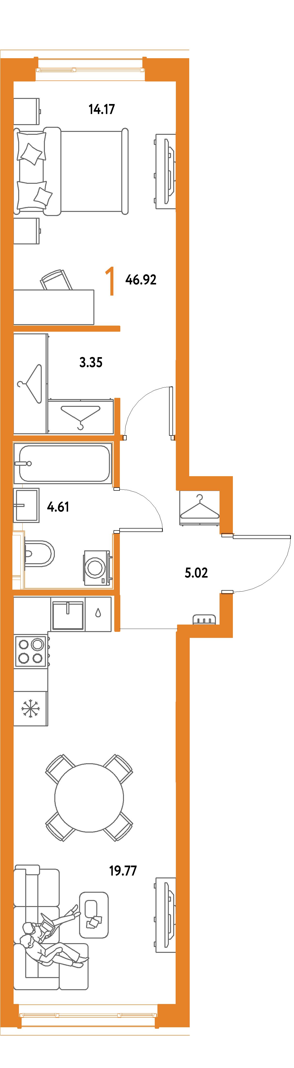 ЖК "Страна.Парковая"-1-комнатная 46.92 м²