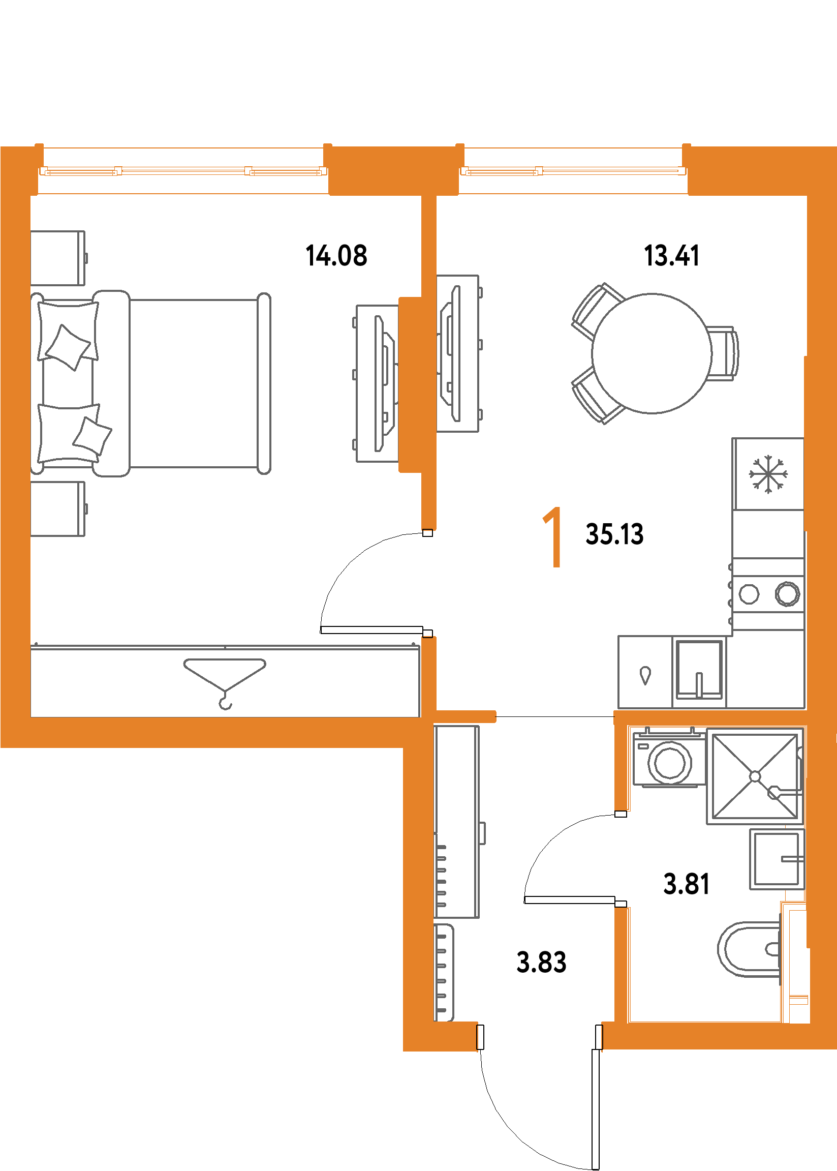 ЖК "Страна.Парковая"-1-комнатная 35.13 м²