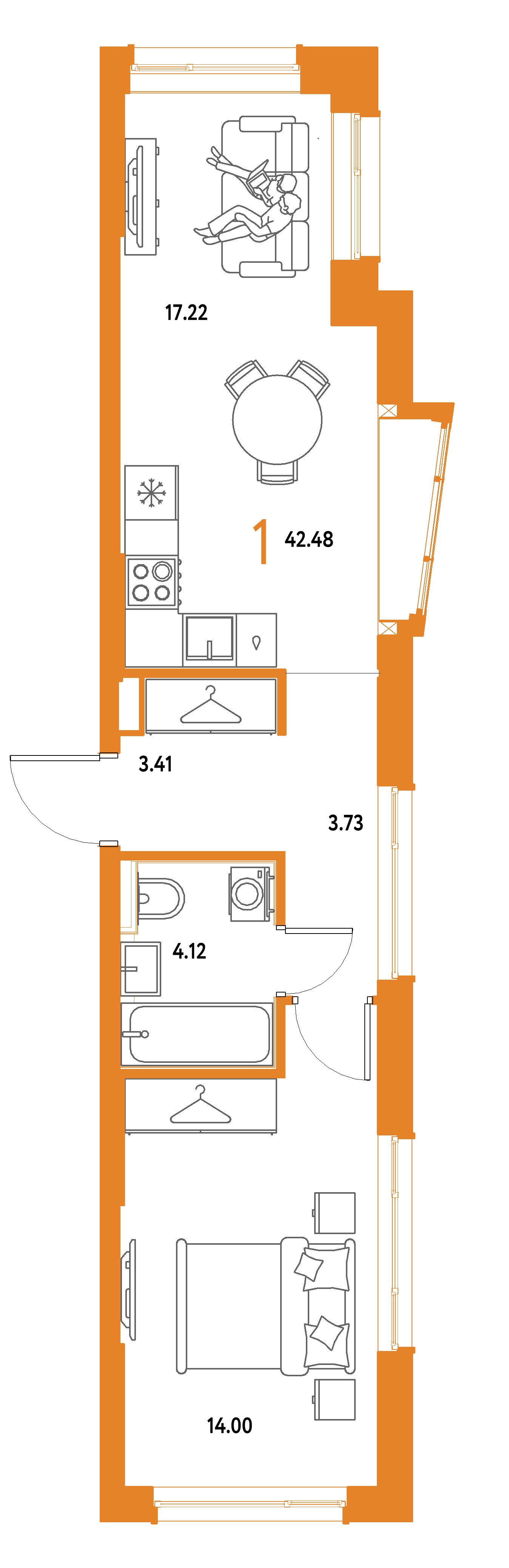 ЖК "Страна.Парковая"-1-комнатная 42.48 м²
