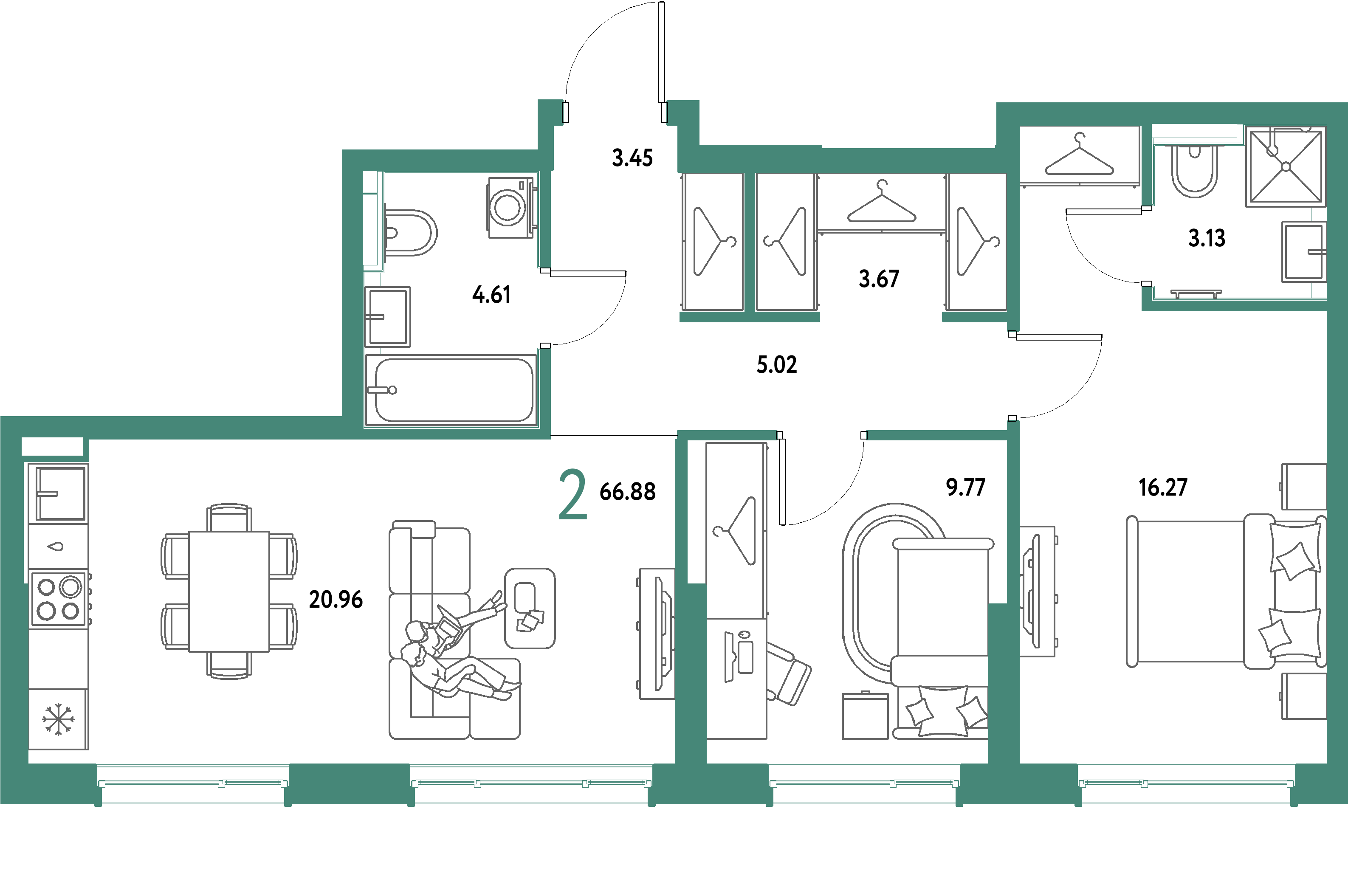 ЖК "Страна.Парковая"-2-комнатная 66.88 м²