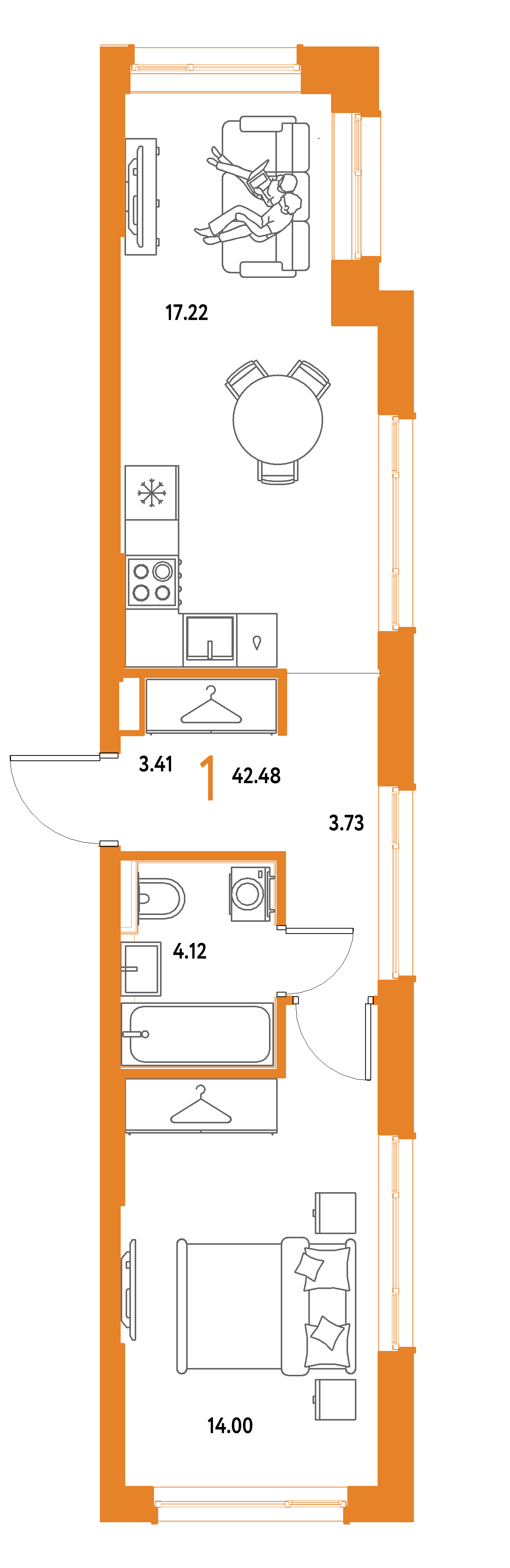 ЖК "Страна.Парковая"-1-комнатная 42.48 м²