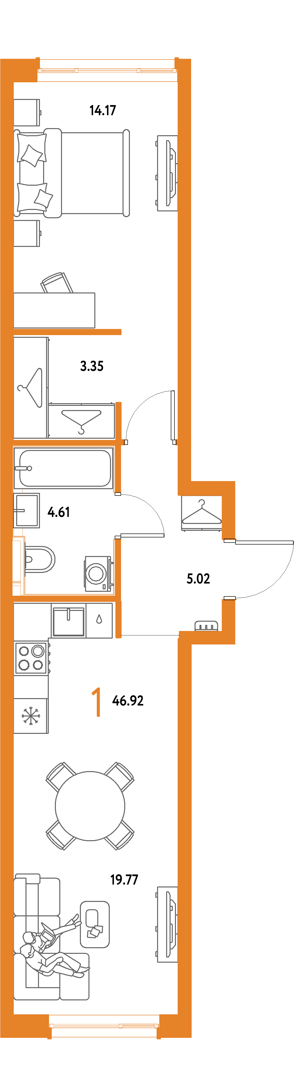 ЖК "Страна.Парковая"-1-комнатная 46.92 м²