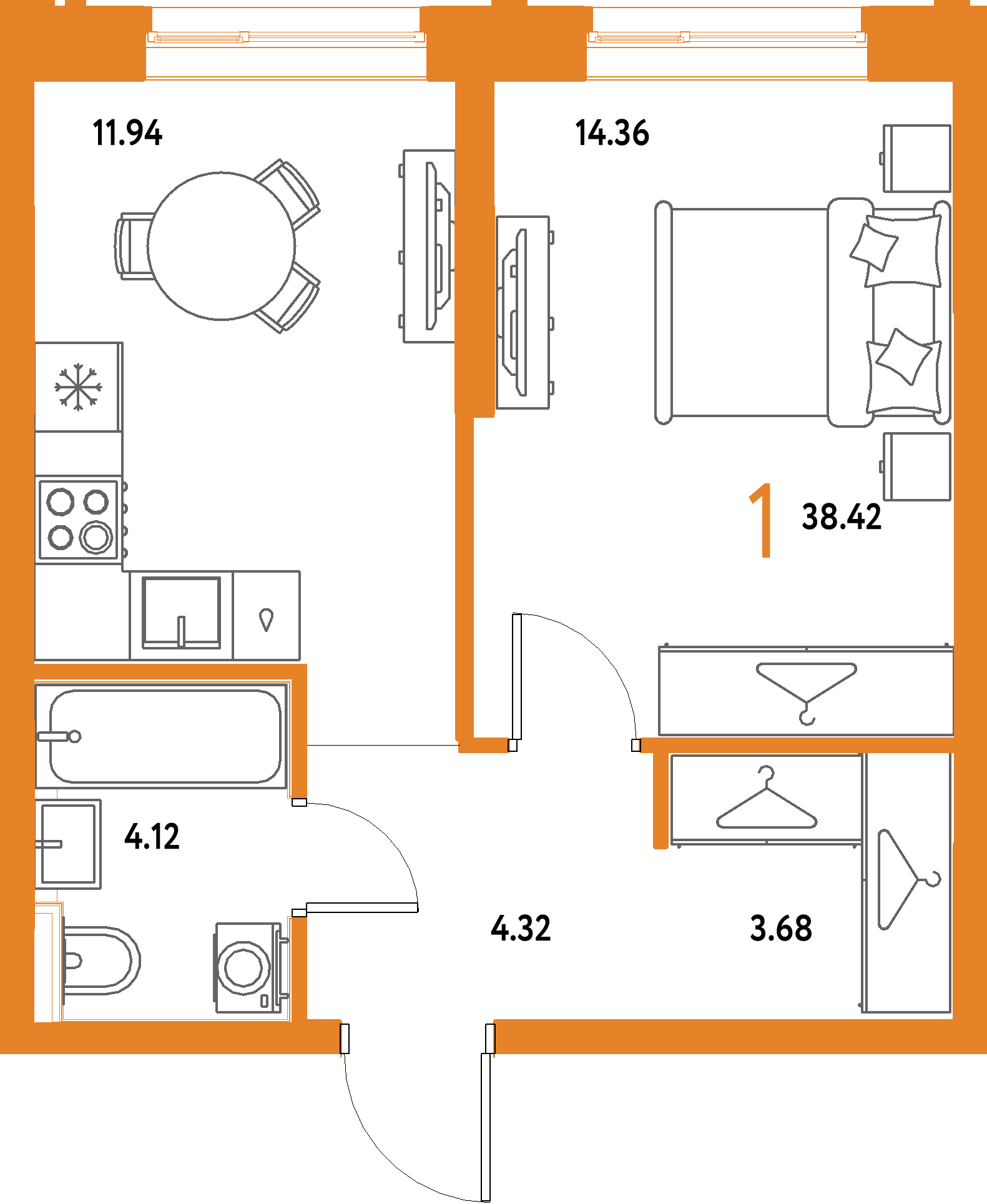 ЖК "Страна.Парковая"-1-комнатная 38.42 м²