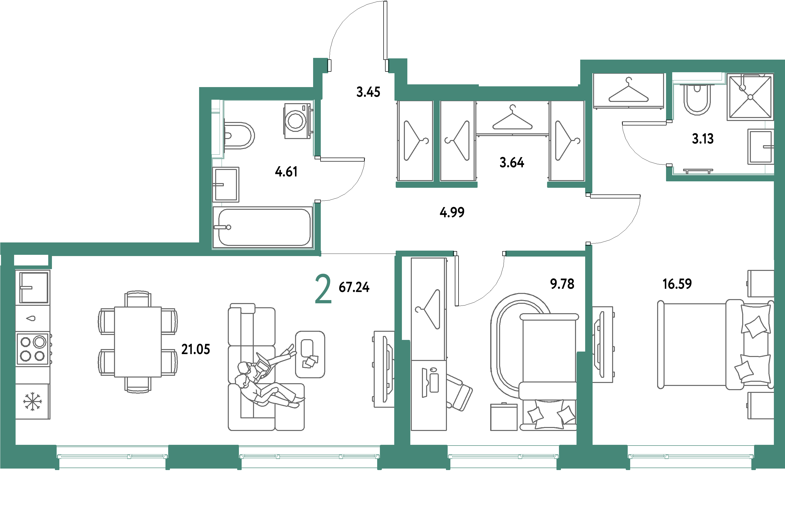 ЖК "Страна.Парковая"-2-комнатная 67.24 м²
