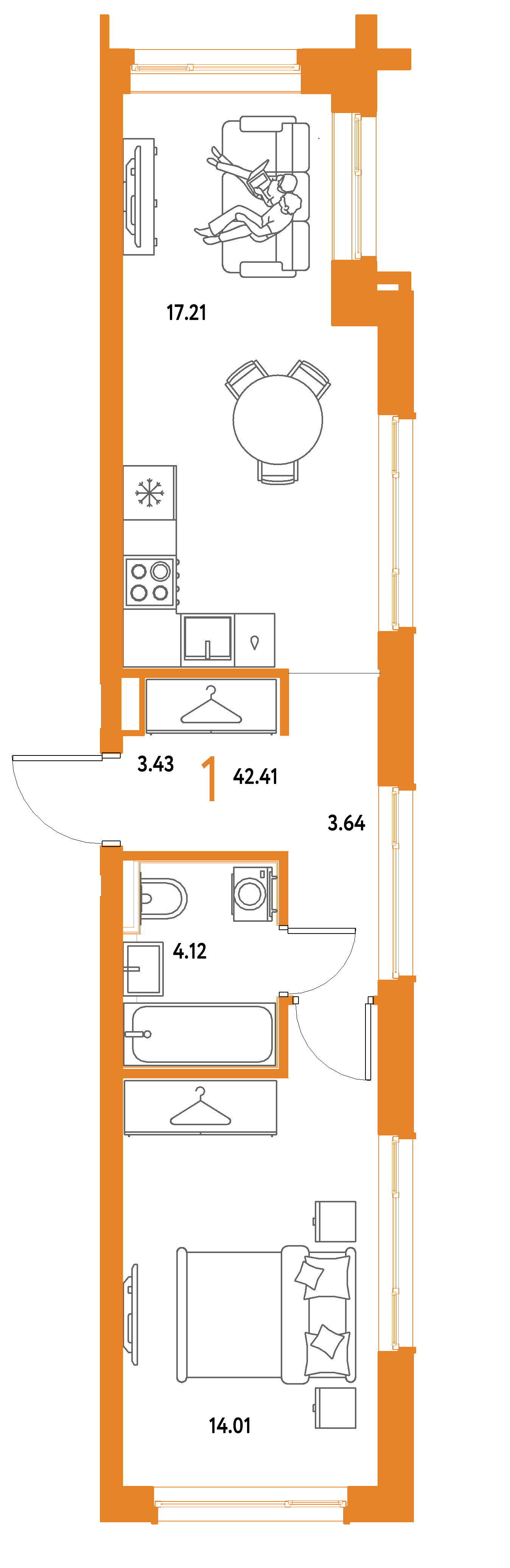 ЖК "Страна.Парковая"-1-комнатная 42.41 м²