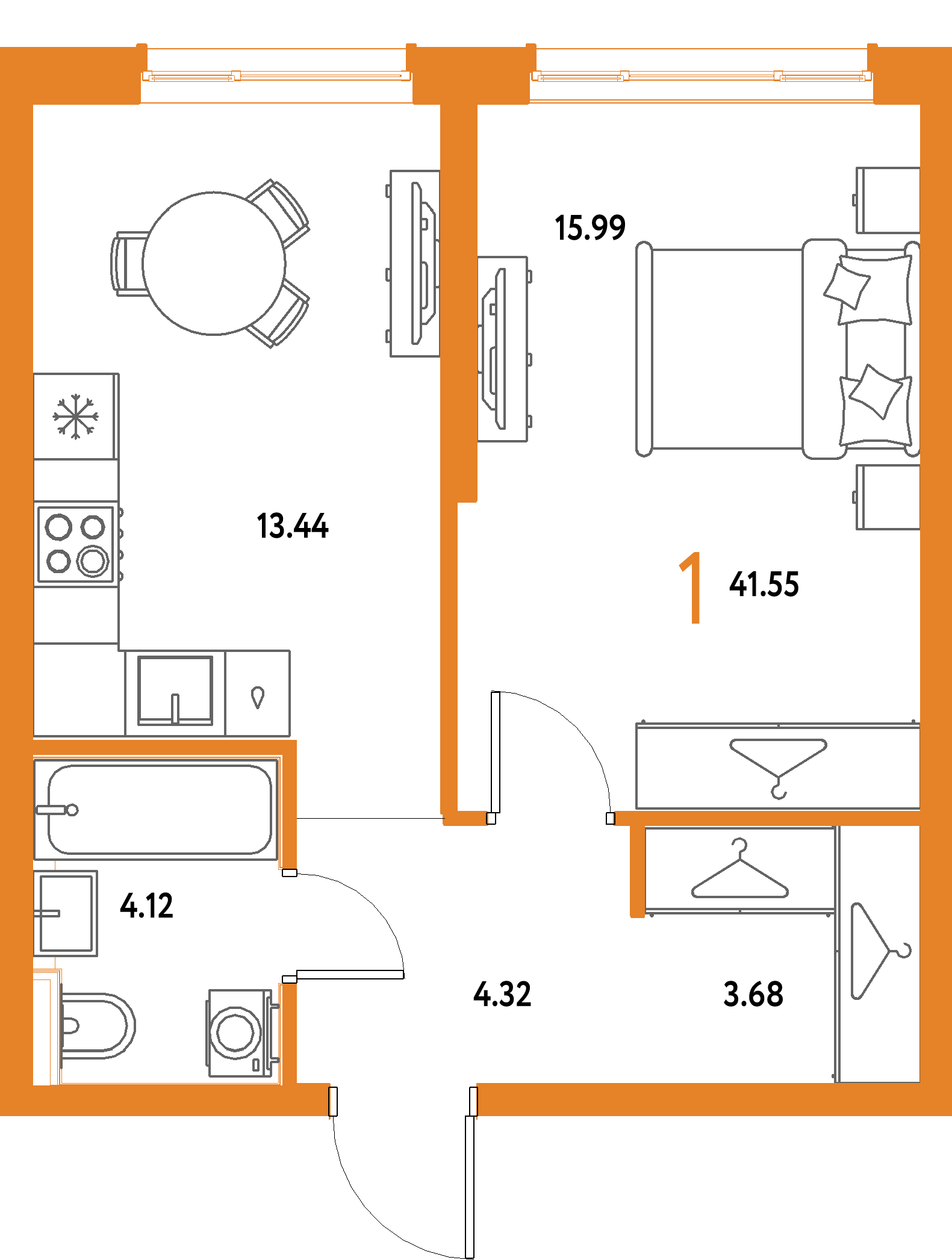 ЖК "Страна.Парковая"-1-комнатная 41.55 м²