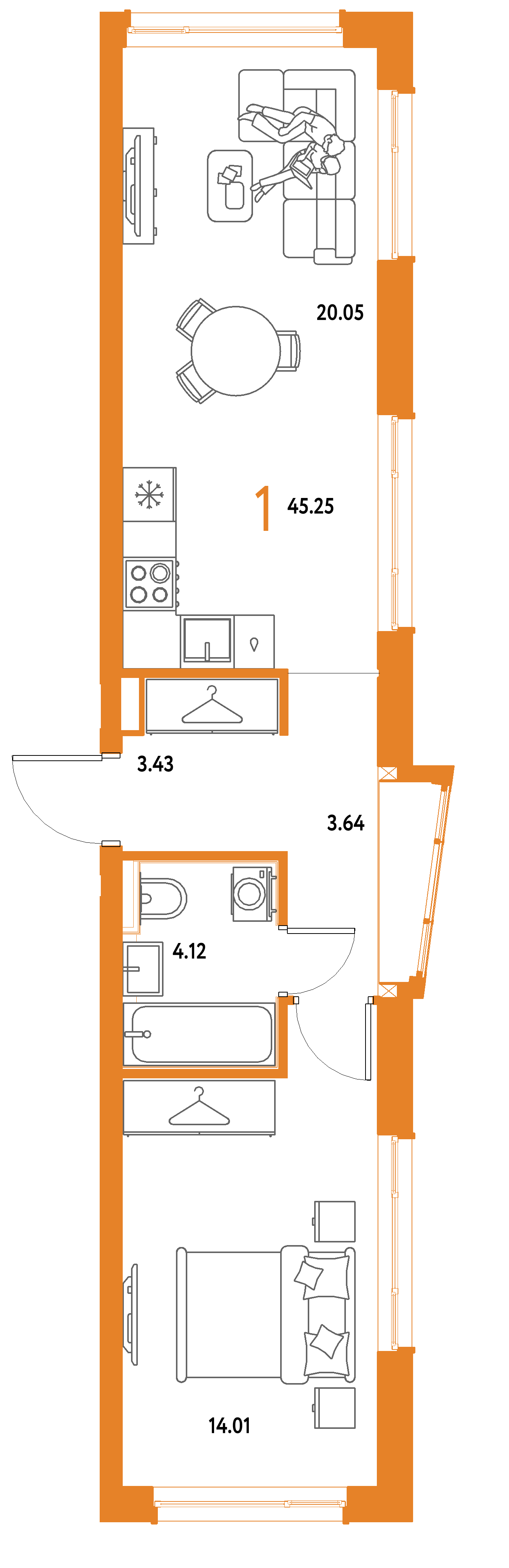 ЖК "Страна.Парковая"-1-комнатная 45.25 м²