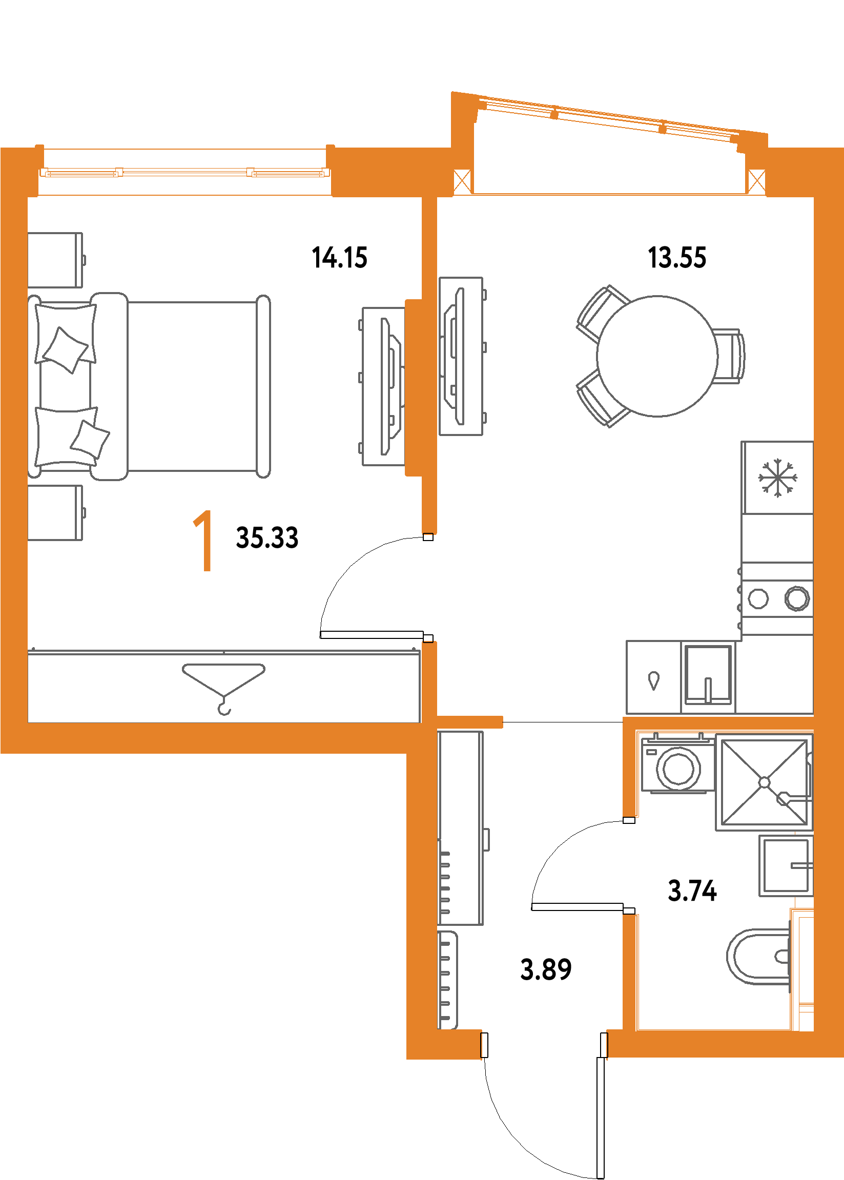 ЖК "Страна.Парковая"-1-комнатная 35.33 м²