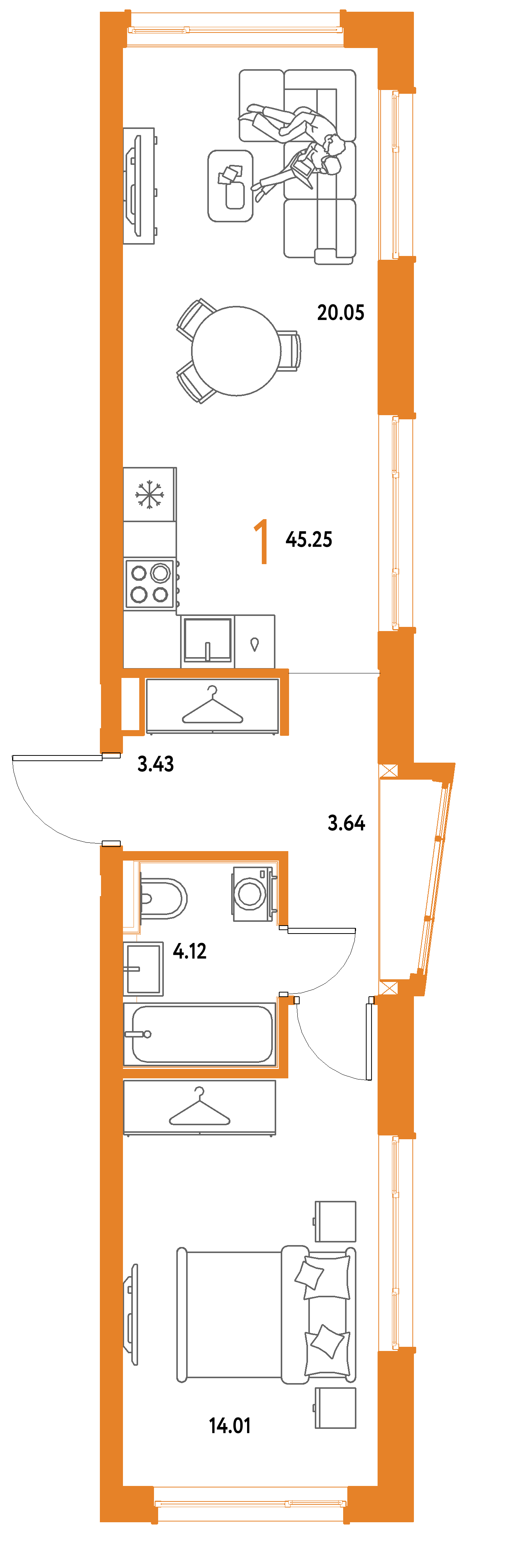 ЖК "Страна.Парковая"-1-комнатная 45.25 м²