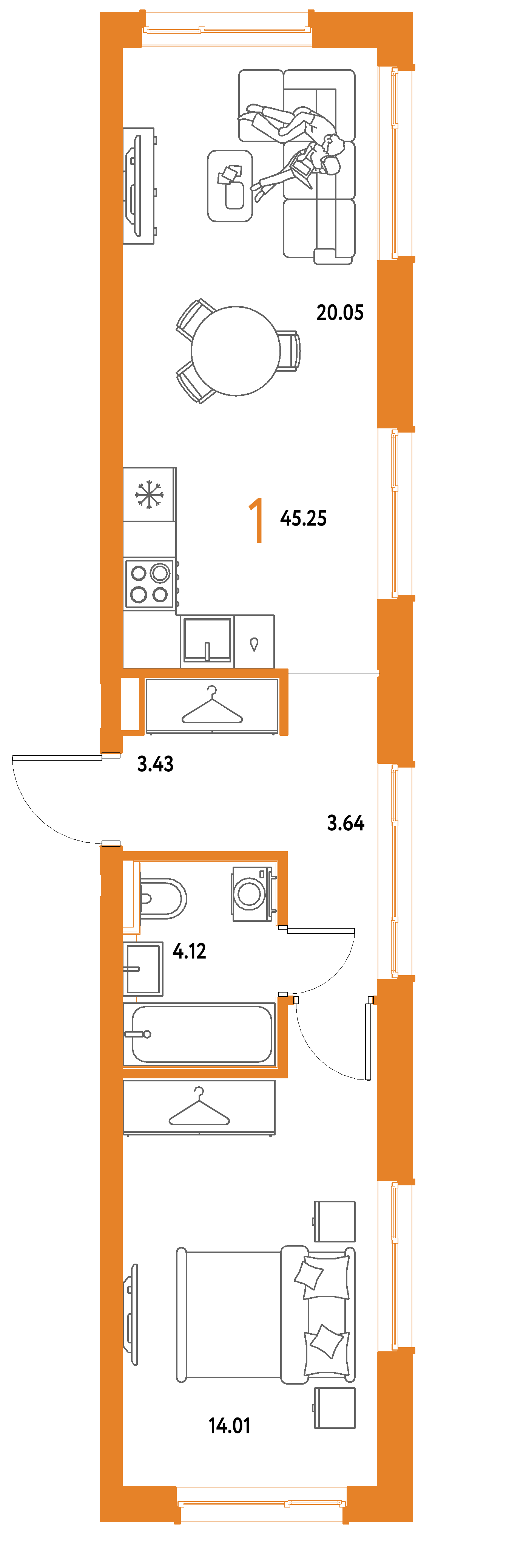 ЖК "Страна.Парковая"-1-комнатная 45.25 м²
