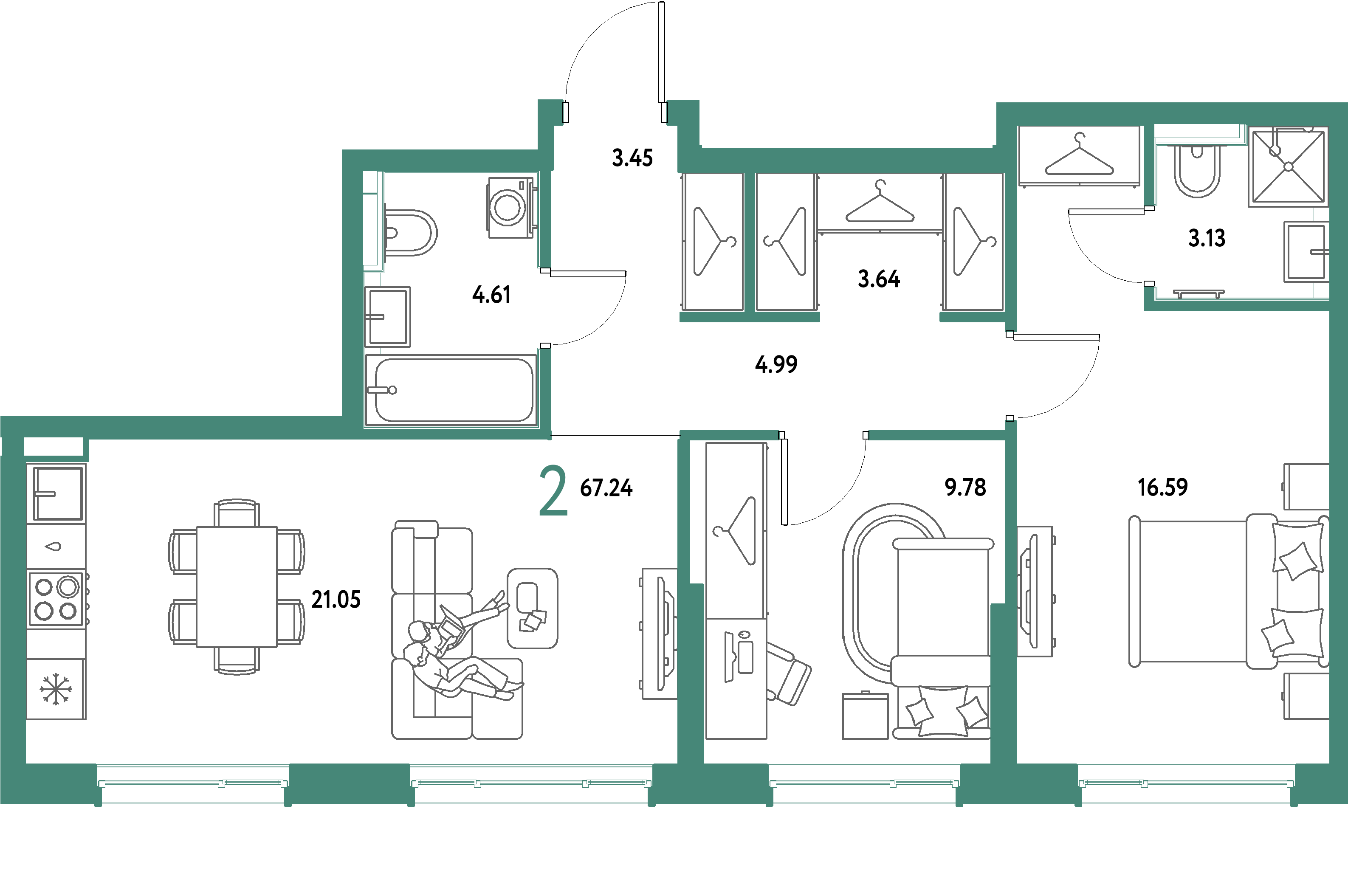 ЖК "Страна.Парковая"-2-комнатная 67.24 м²