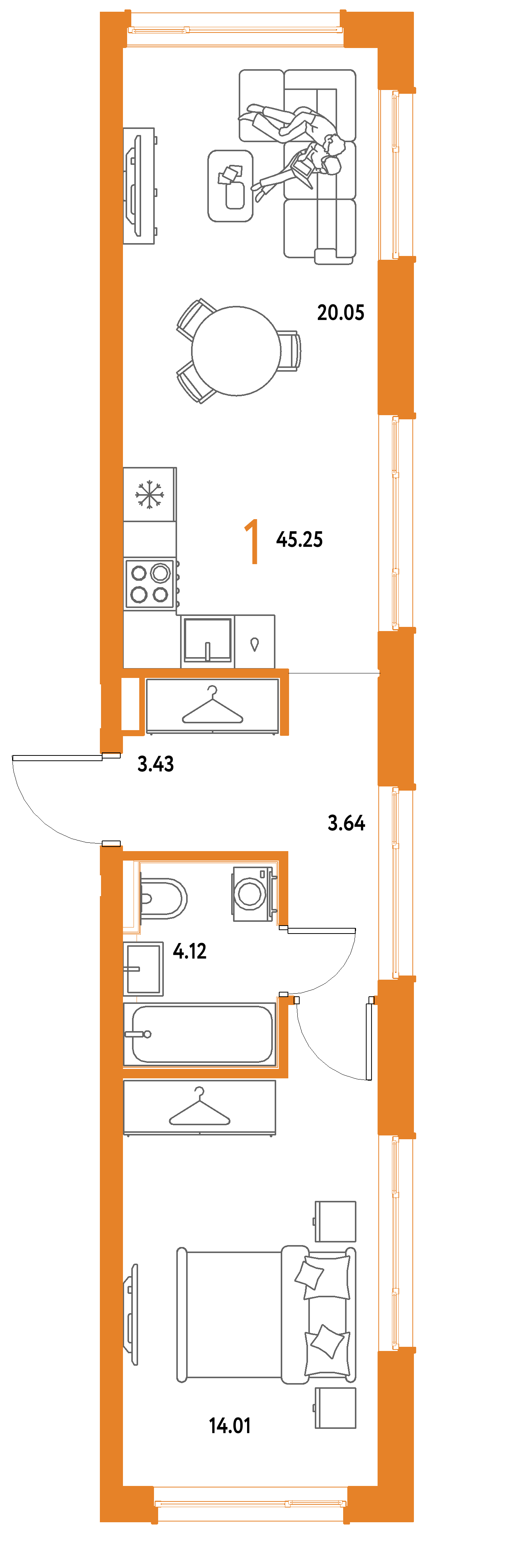 ЖК "Страна.Парковая"-1-комнатная 45.25 м²