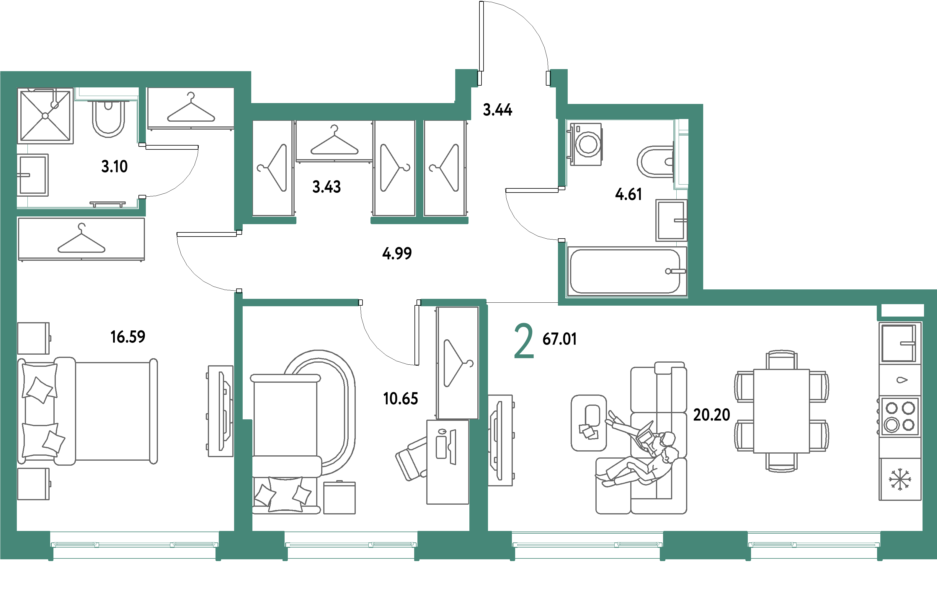 ЖК "Страна.Парковая"-2-комнатная 67.01 м²