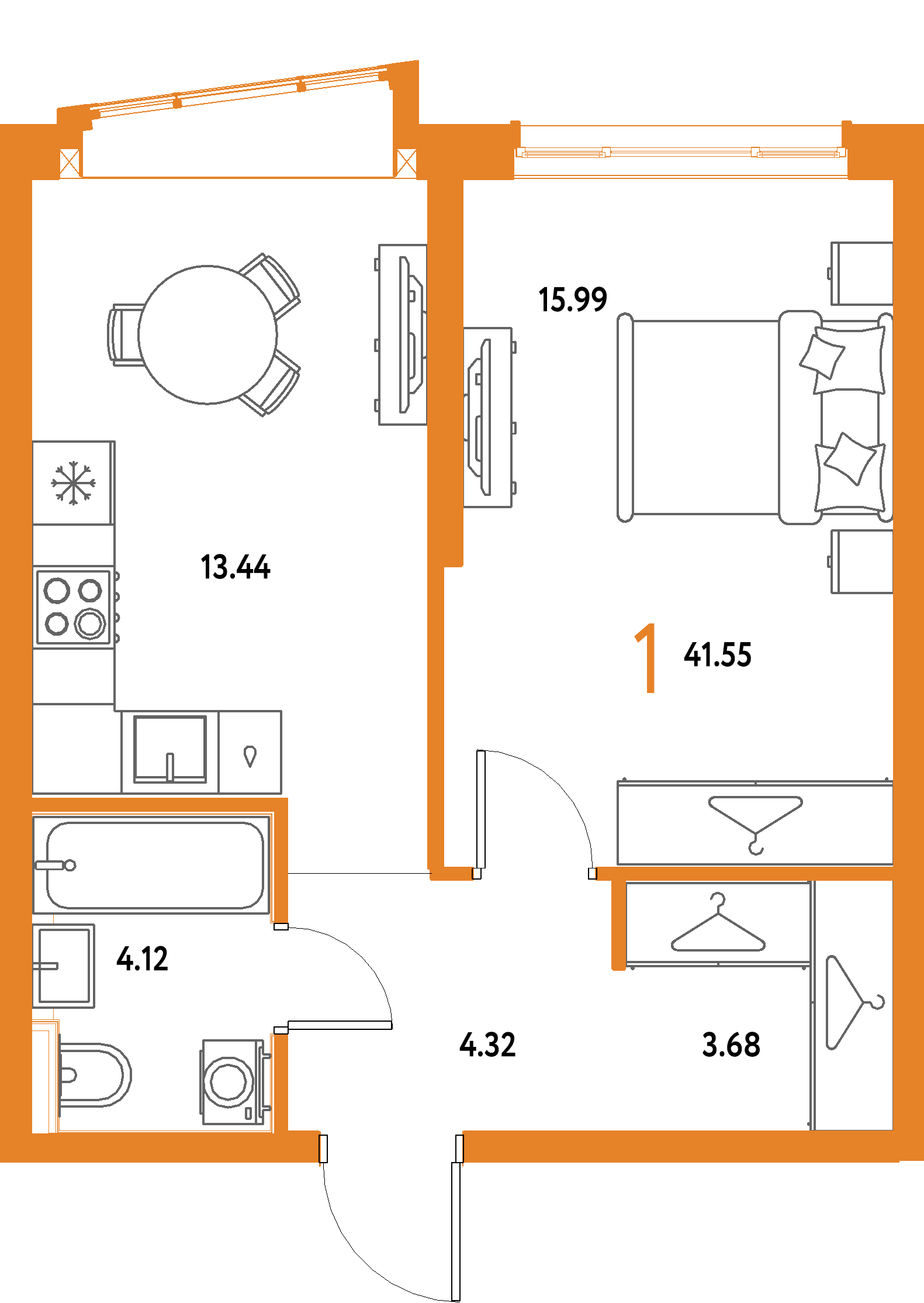 ЖК "Страна.Парковая"-1-комнатная 41.55 м²