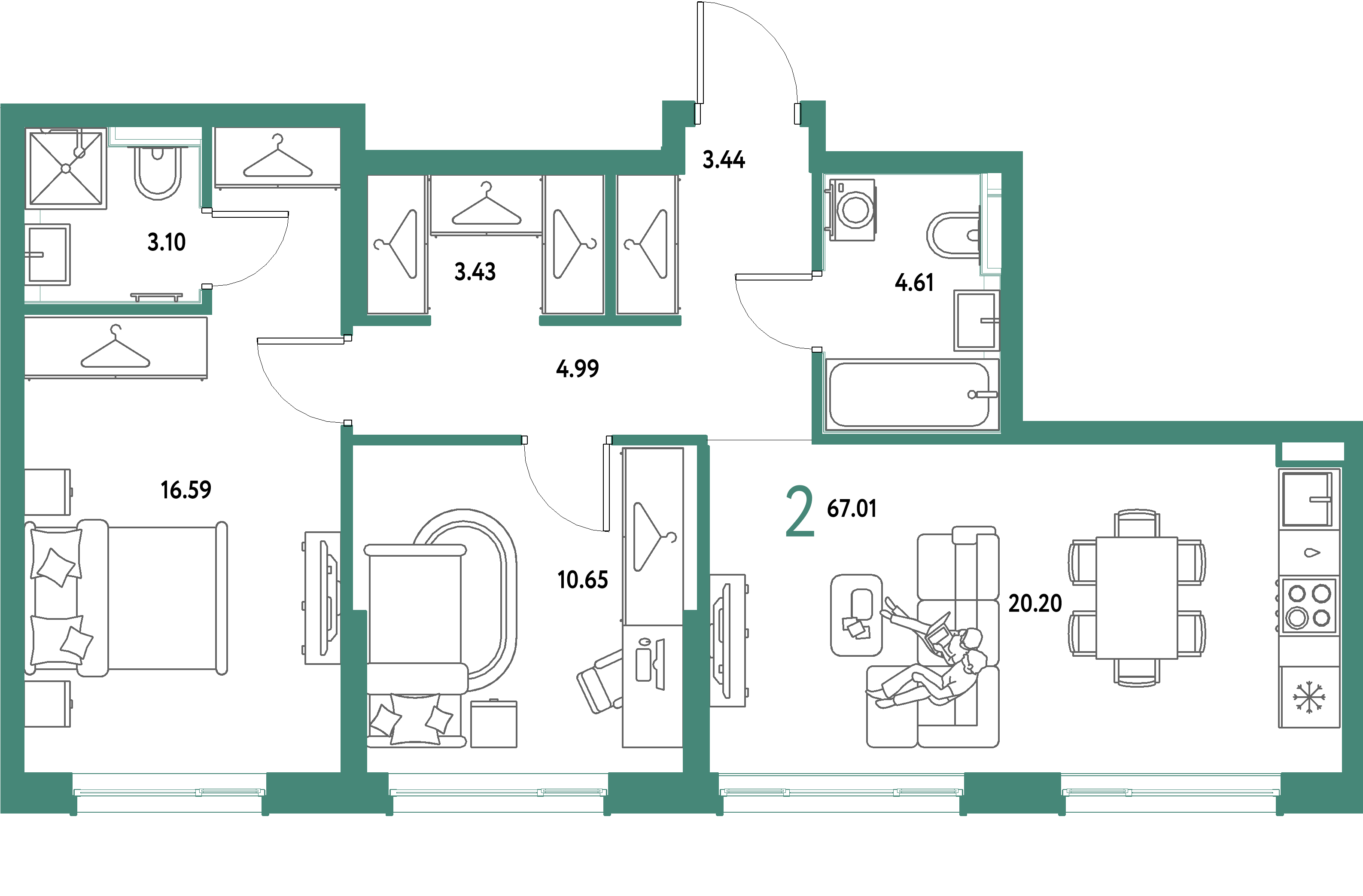 ЖК "Страна.Парковая"-2-комнатная 67.01 м²