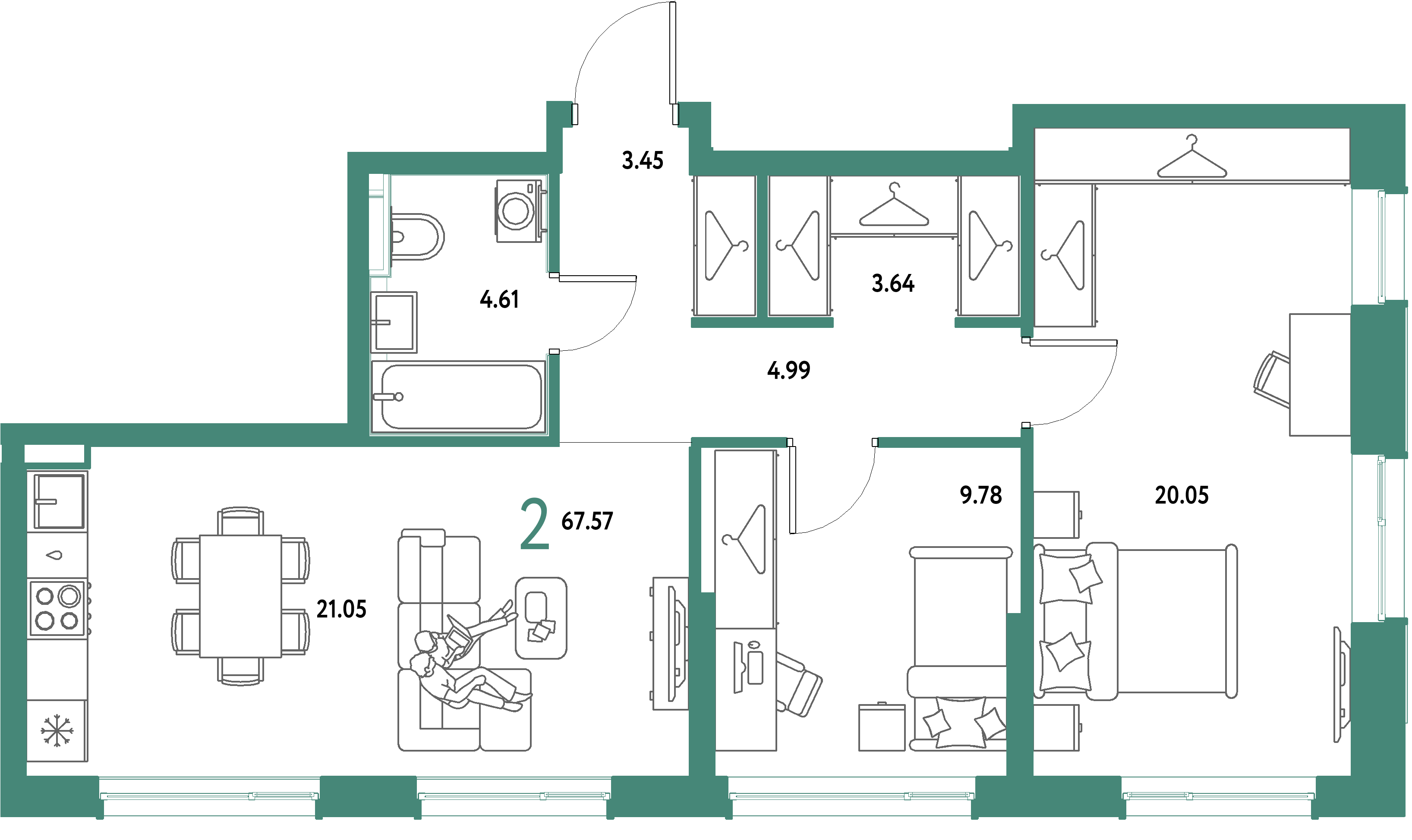 ЖК "Страна.Парковая"-2-комнатная 67.57 м²