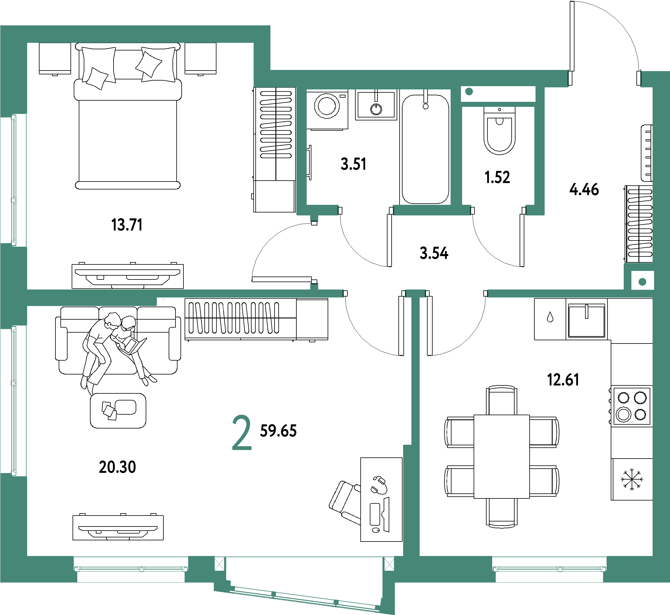 Купить 2-комнатную квартиру 59.65м², этаж №5 кв №786 в ЖК 