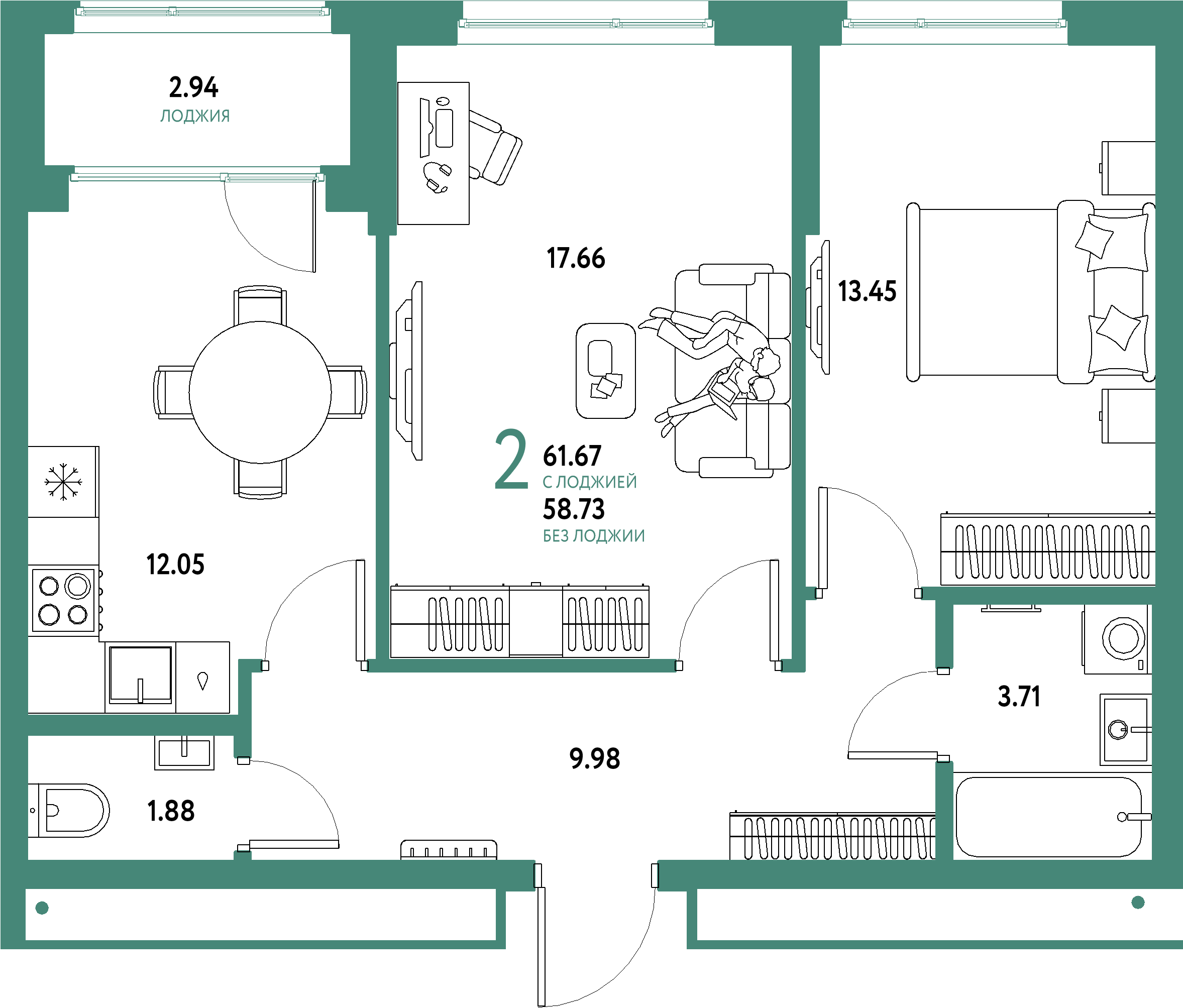 Купить 2-комнатную квартиру 61.67м², этаж №5 кв №788 в ЖК 