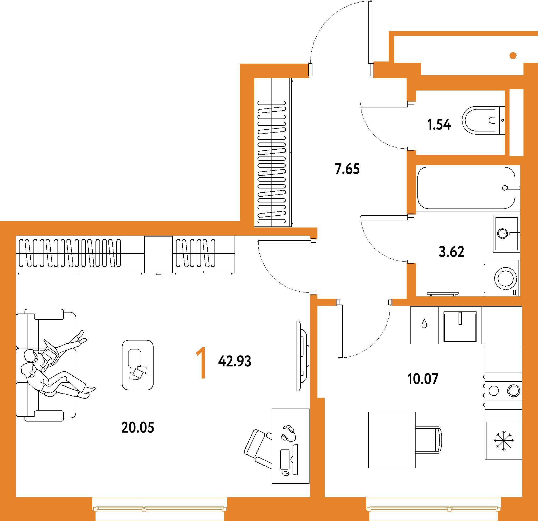 Купить 1-комнатную квартиру 42.93м², этаж №5 кв №793 в ЖК  